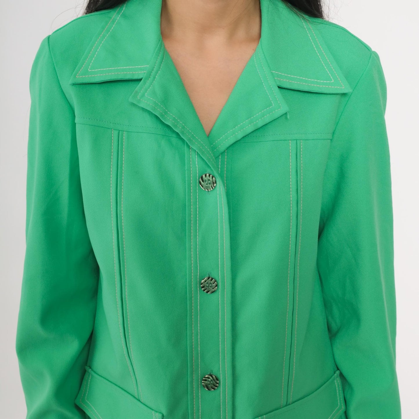 70s Bright Green Shacket Button-Up Shirt Jacket Long Sleeve Small S