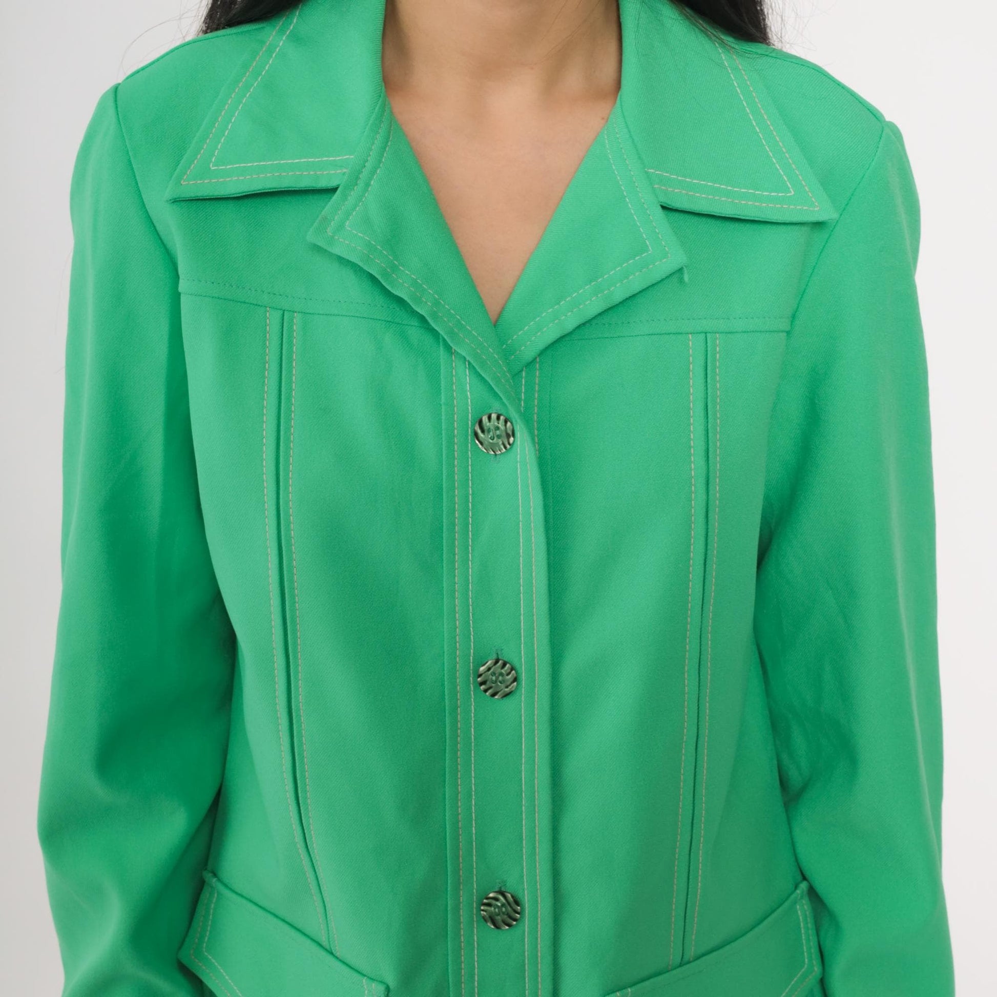 70s Bright Green Shacket Button-Up Shirt Jacket Long Sleeve Small S