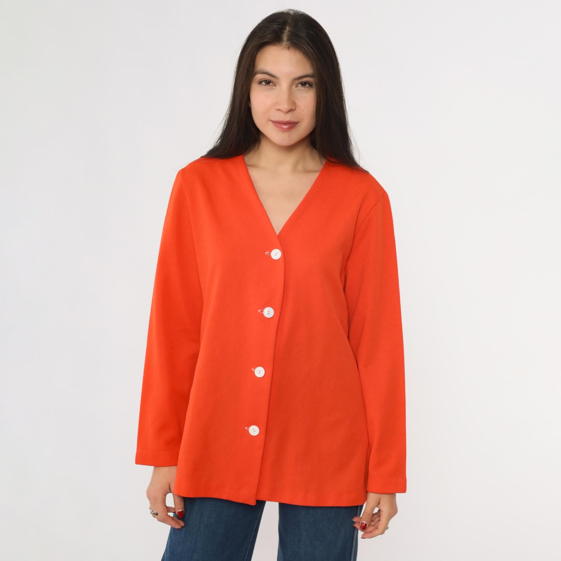 70s Orange V-Neck Button-Up Blouse Long Sleeve Polyester Shirt Medium