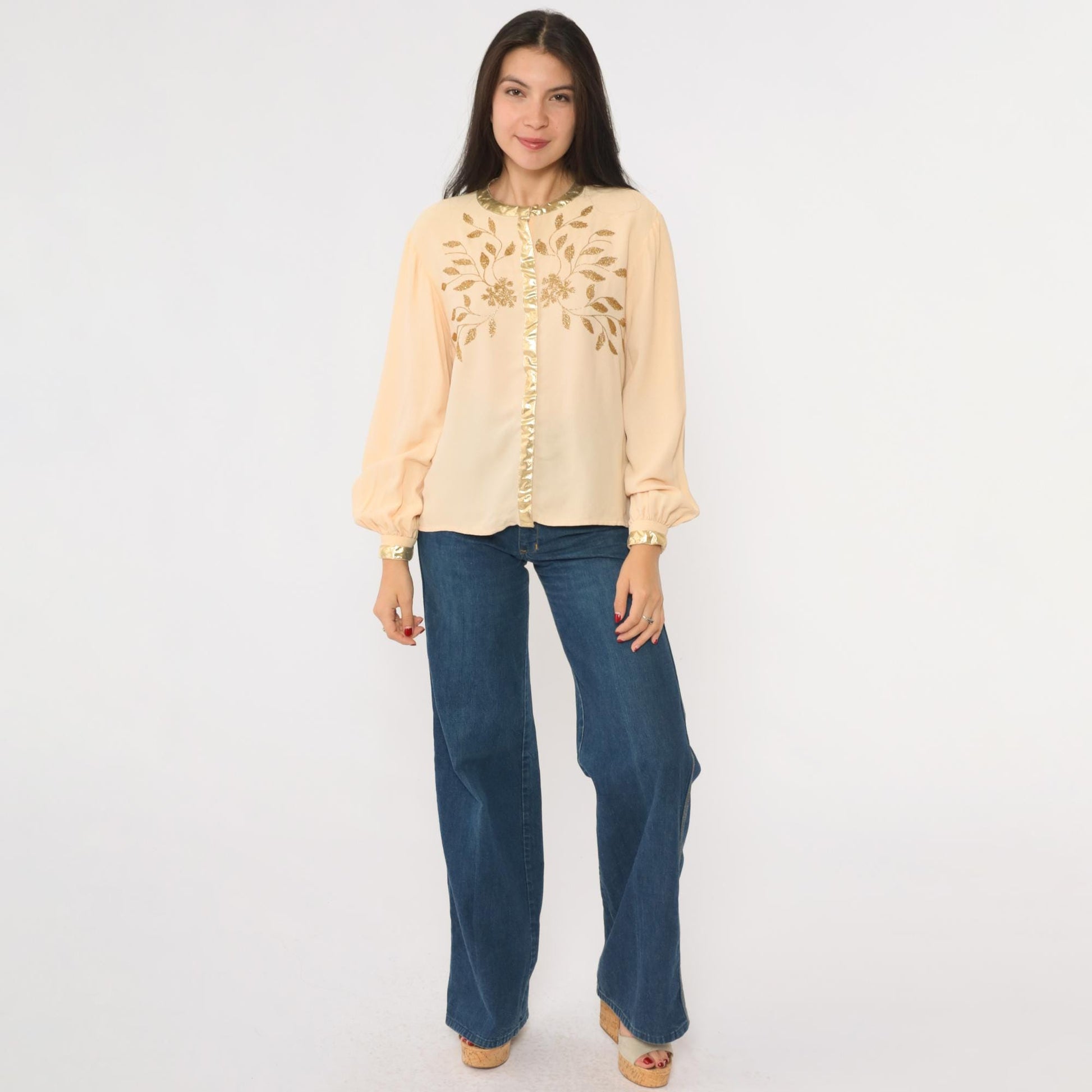 70s Frank Masandrea Peach Crepe Blouse Gold Embroidered Floral Small