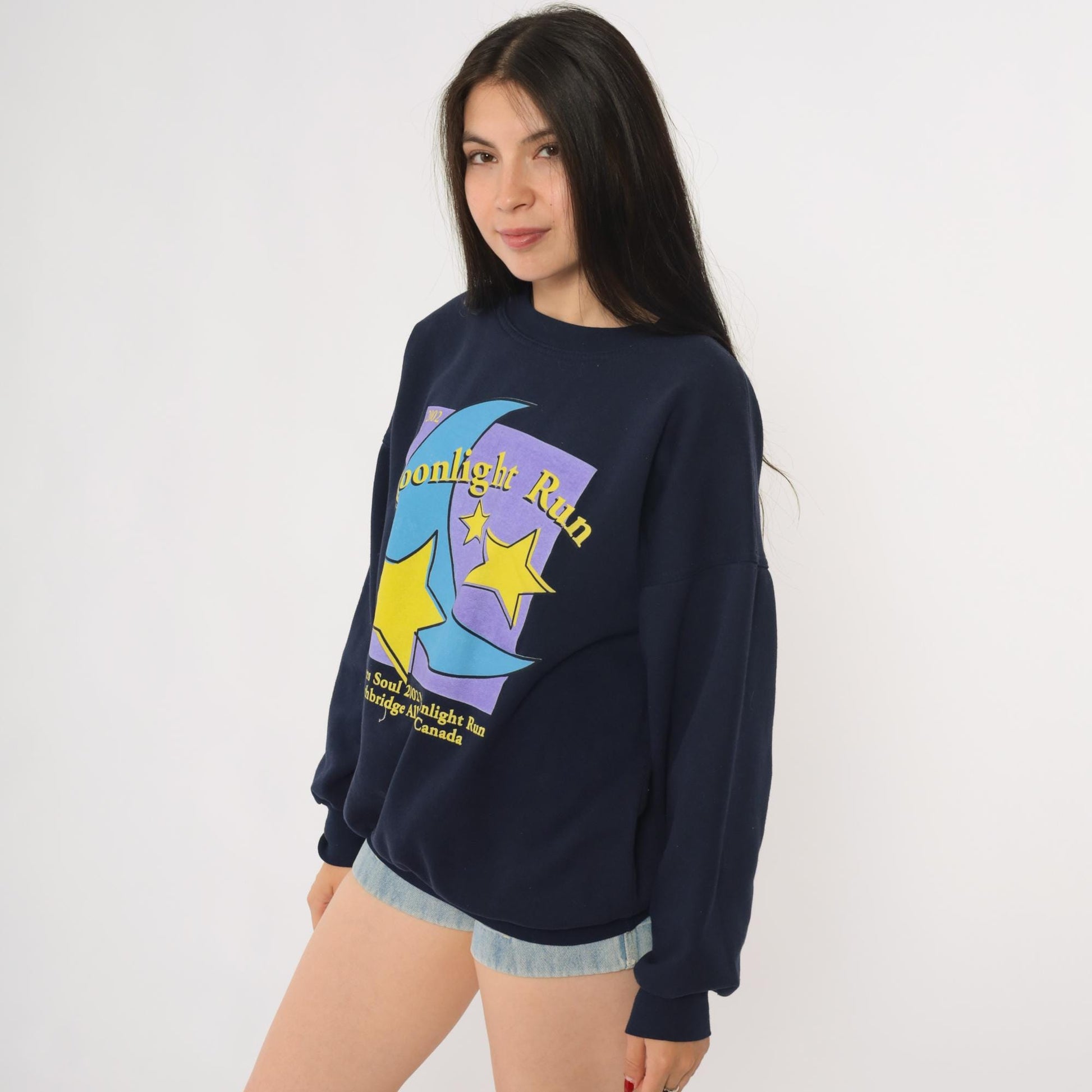 2002 Moonlight Run Lethbridge Alberta Sweatshirt Navy Celestial Graphic Medium
