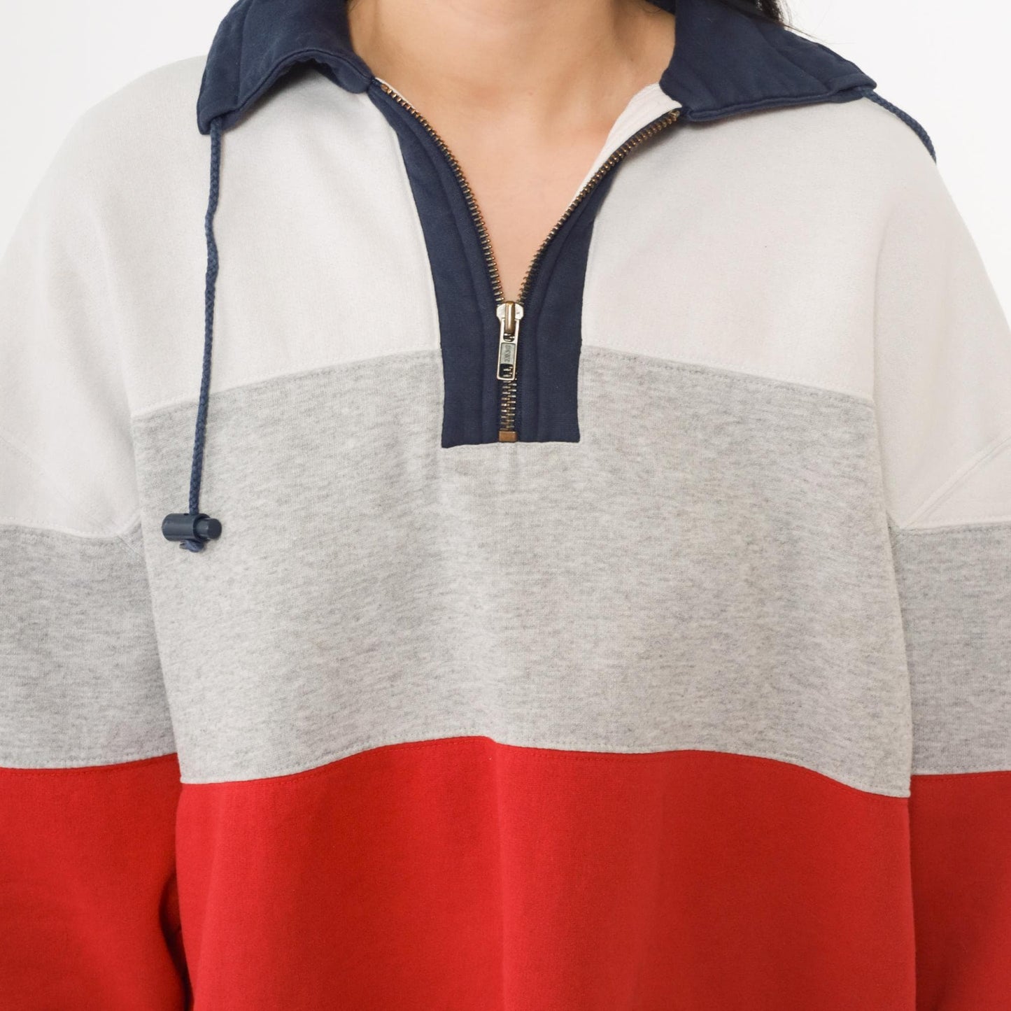 90s Color Block Quarter Zip Sweatshirt Grey Navy Red Striped Large L