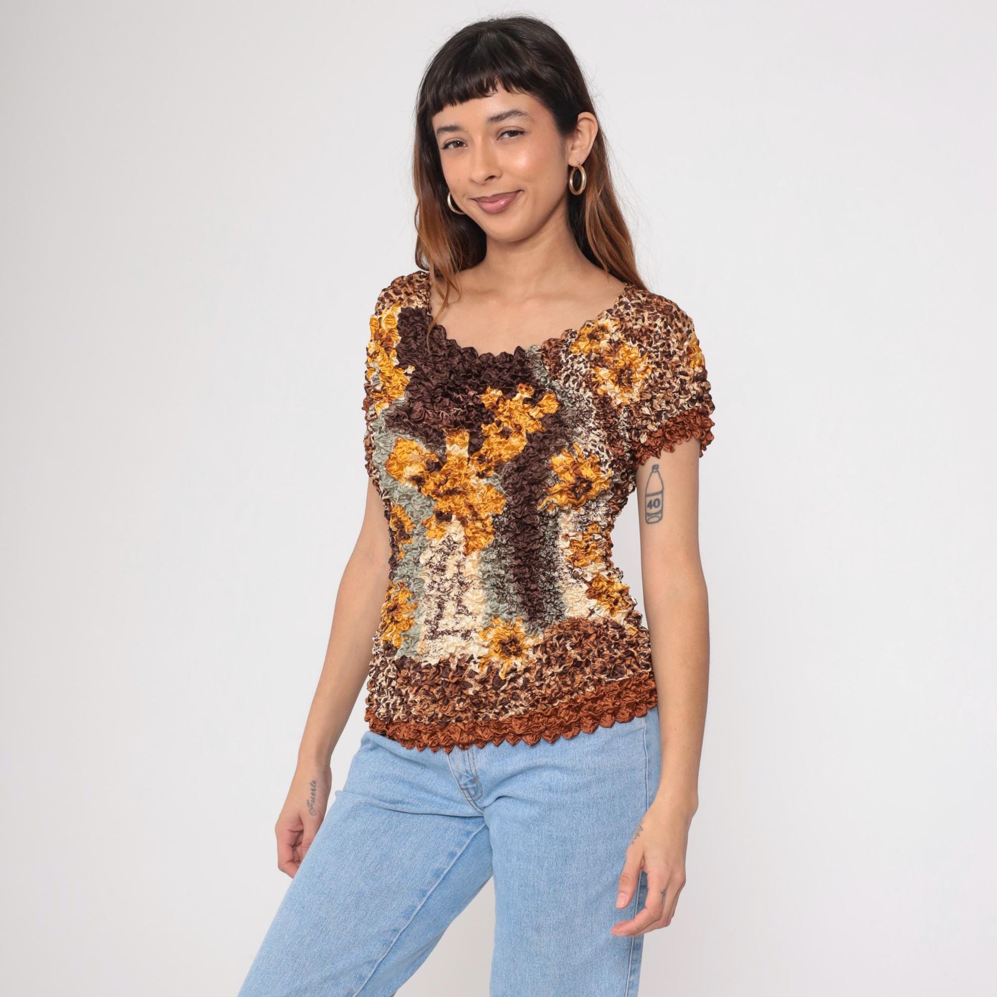 Y2K Popcorn Blouse Floral Leopard Print Brown Textured Short Sleeve Small Medium