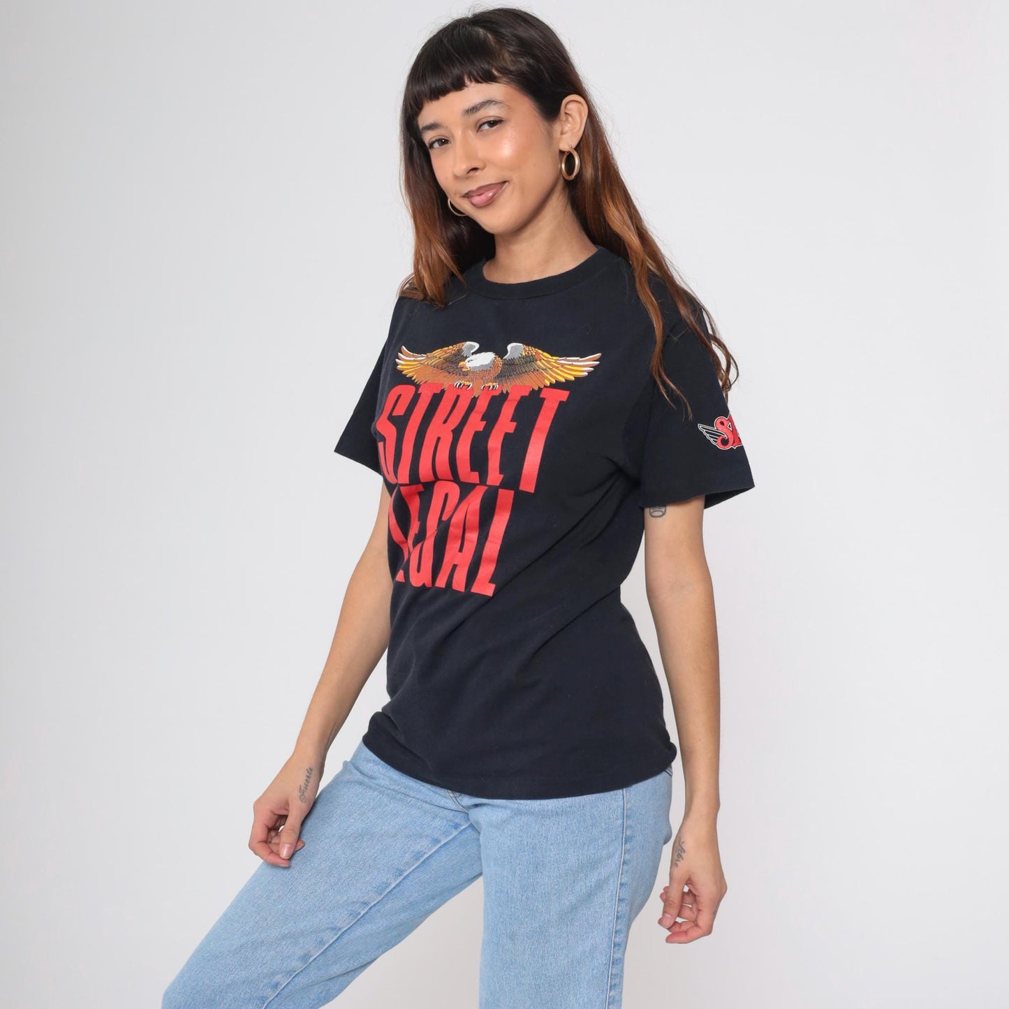 90s Street Legal Eagle Motorcycle Graphic T-Shirt Black Cotton Small