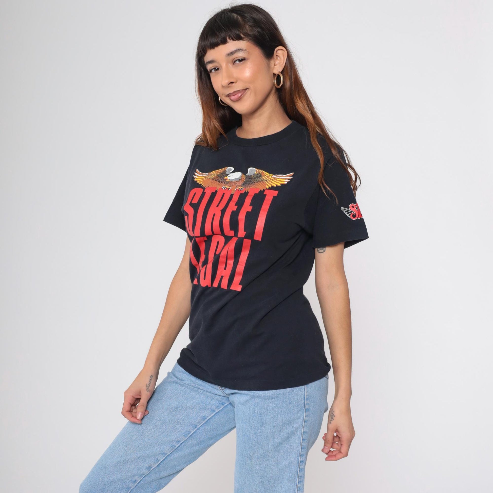 90s Street Legal Eagle Motorcycle Graphic T-Shirt Black Cotton Small
