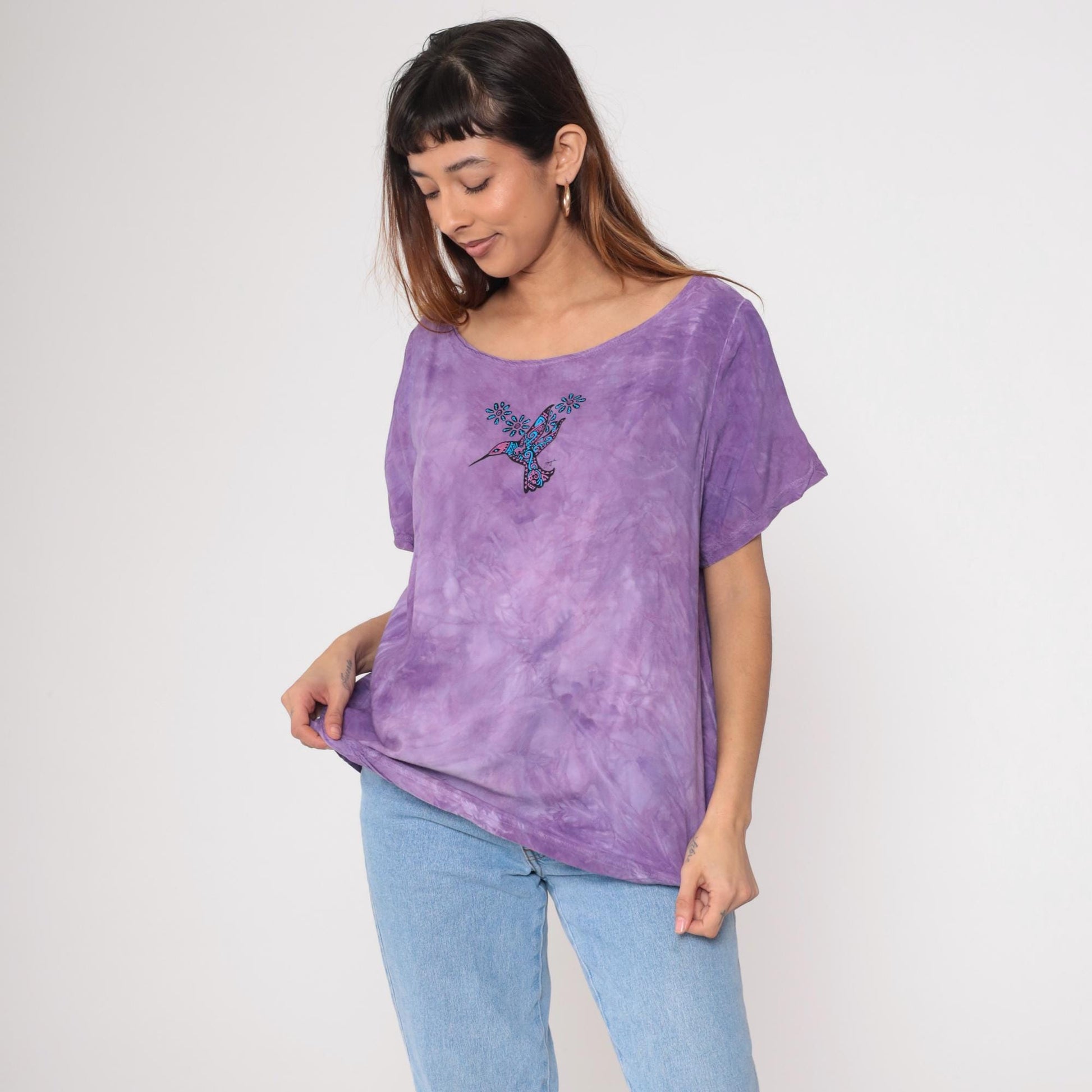 Y2K Purple Tie Dye Rayon Blouse Hummingbird Print Short Sleeve Large