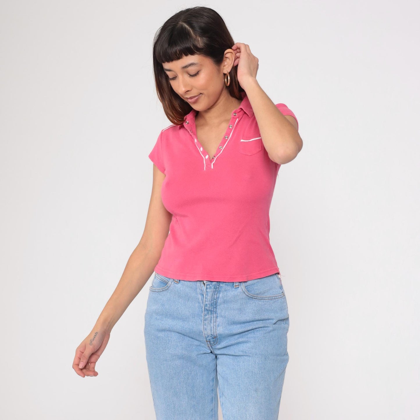 90s Energie Pink Polo Shirt White Piping Snap Button Collared Small