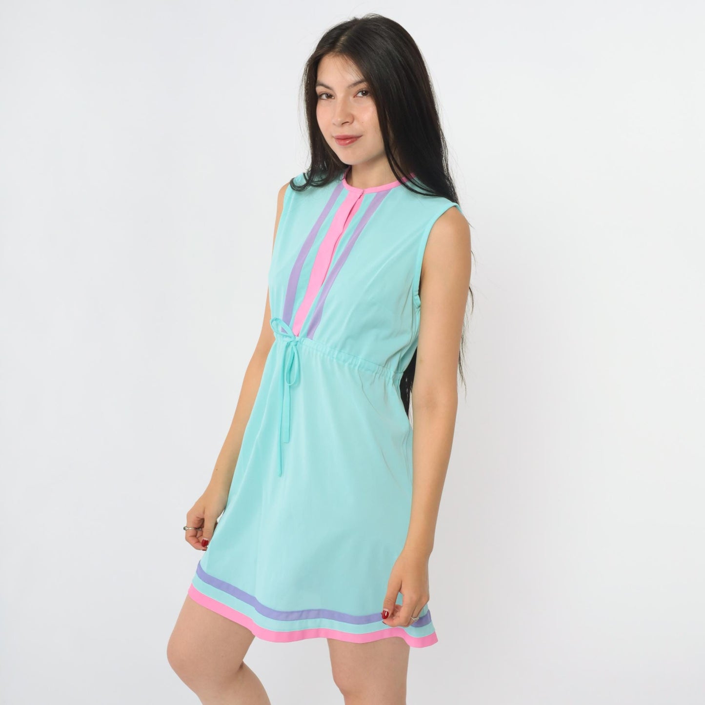 70s Aqua Striped Nylon Nightgown Mini Sleeveless High Waist Medium