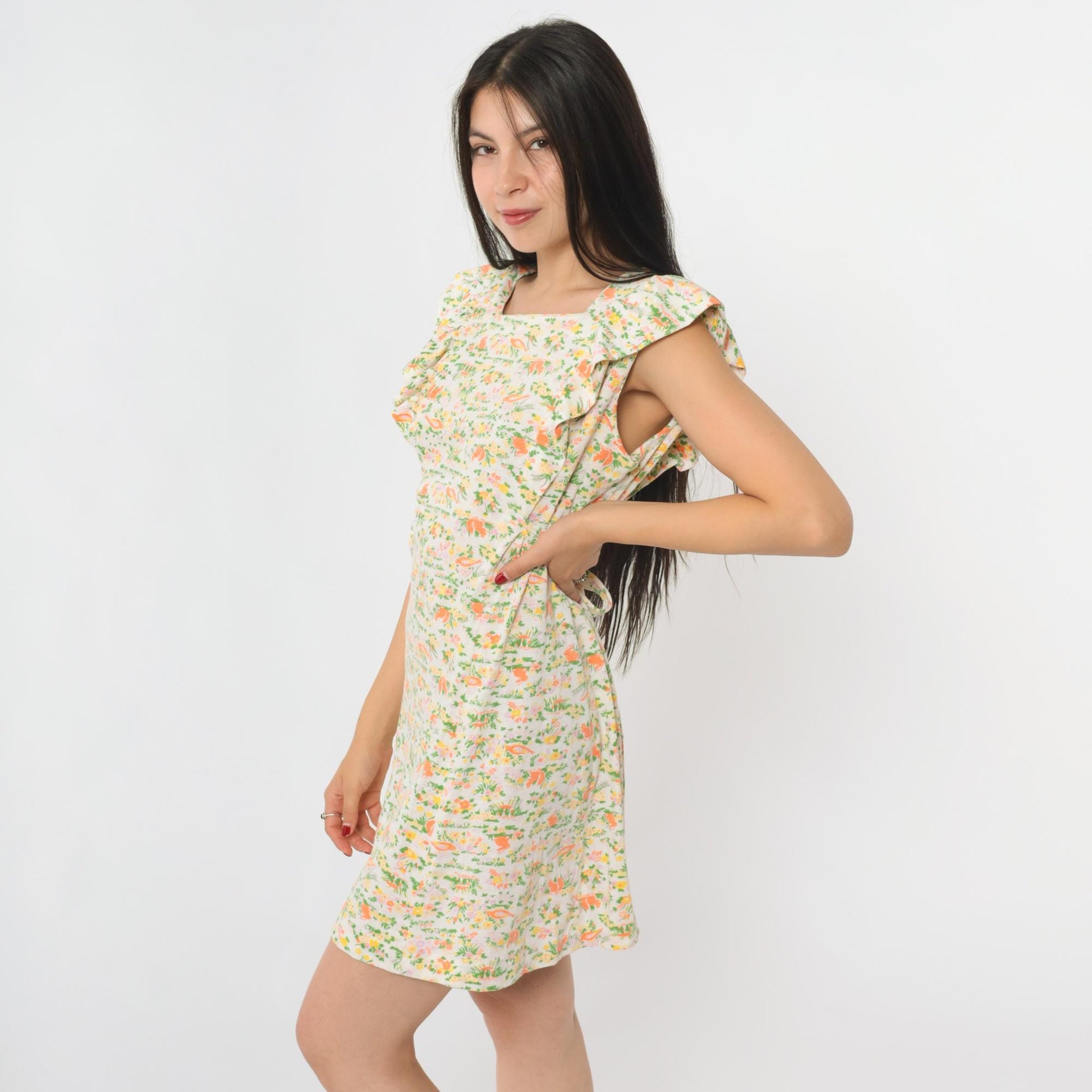 70s Animal Print Mini Shift Dress Novelty Rabbits Squirrels Birds White Medium