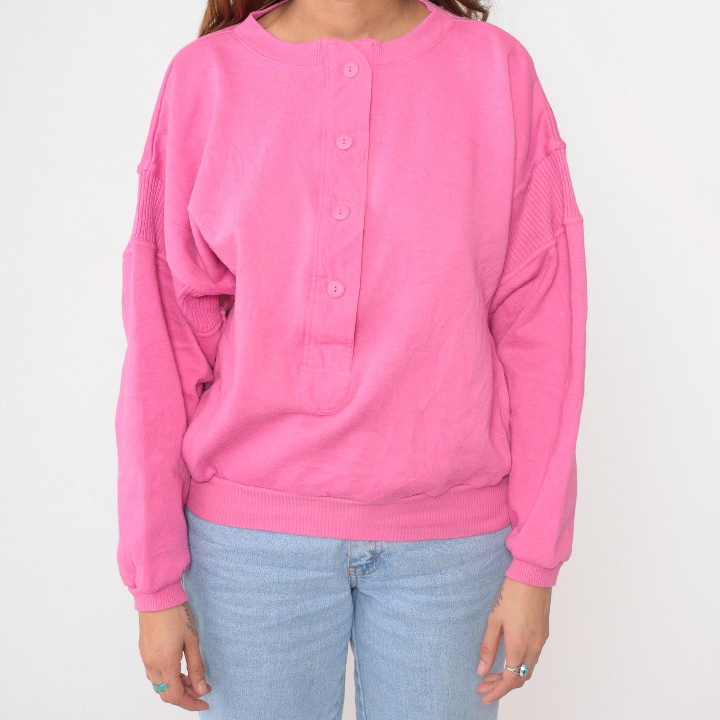 90s Pink Henley Button Neck Sweatshirt Ribbed Cuffs Medium M