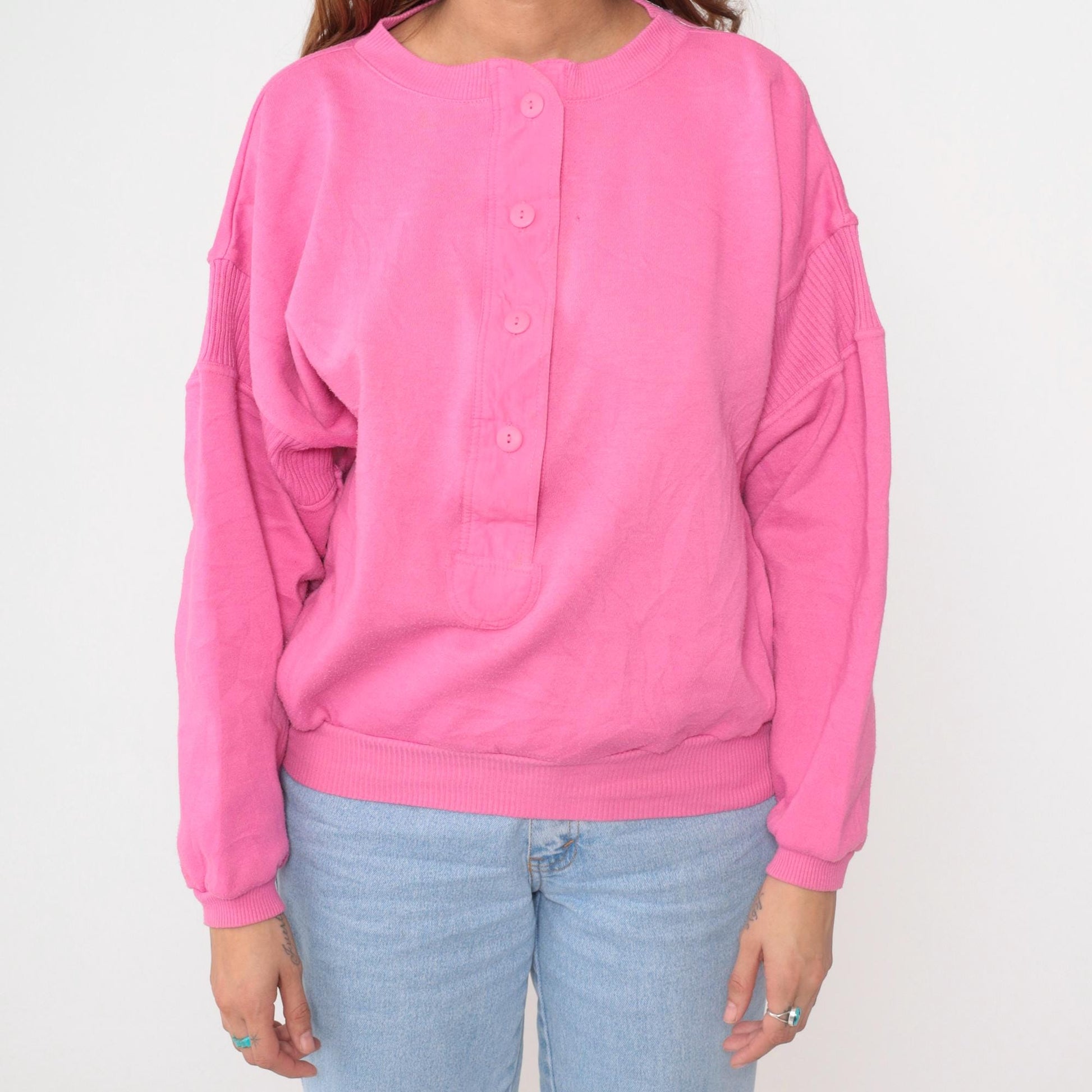 90s Pink Henley Button Neck Sweatshirt Ribbed Cuffs Medium M