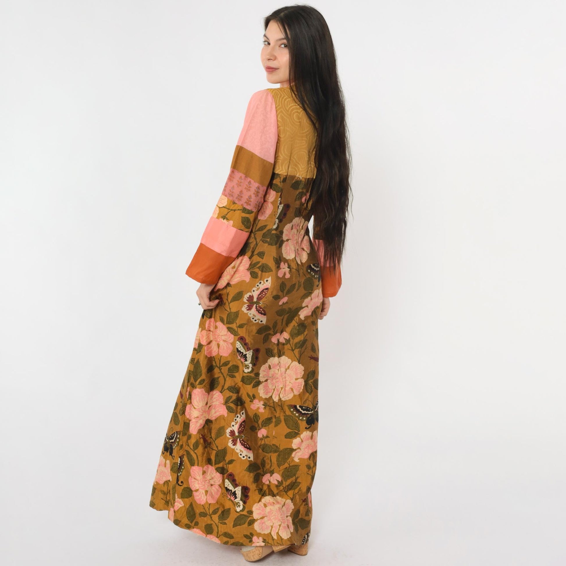70s Patchwork Maxi Dress Butterfly Floral Pink Brown Silk Blend Small