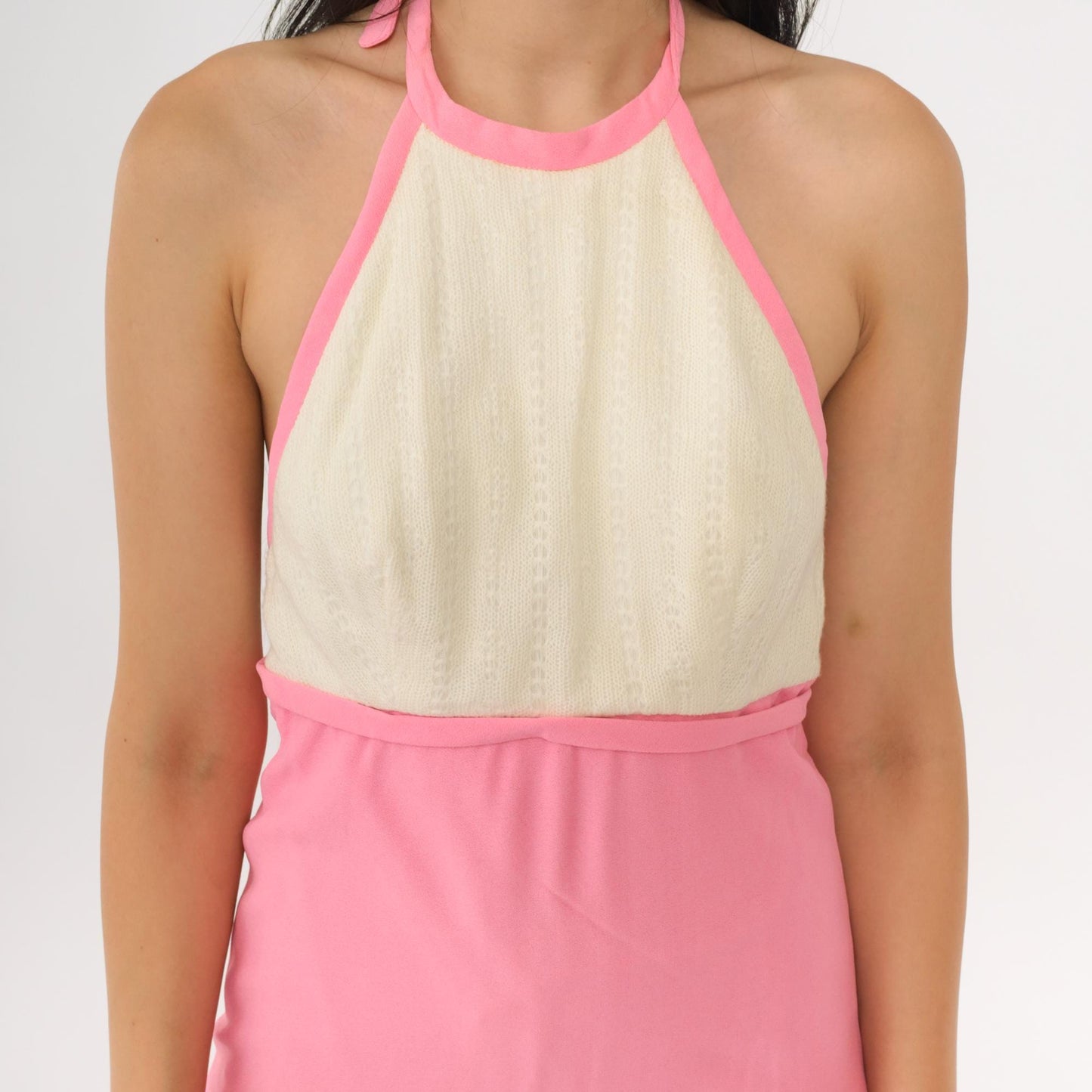 70s Lanz Original Pink Halter Maxi Dress Pointelle Knit Open Back Extra Small