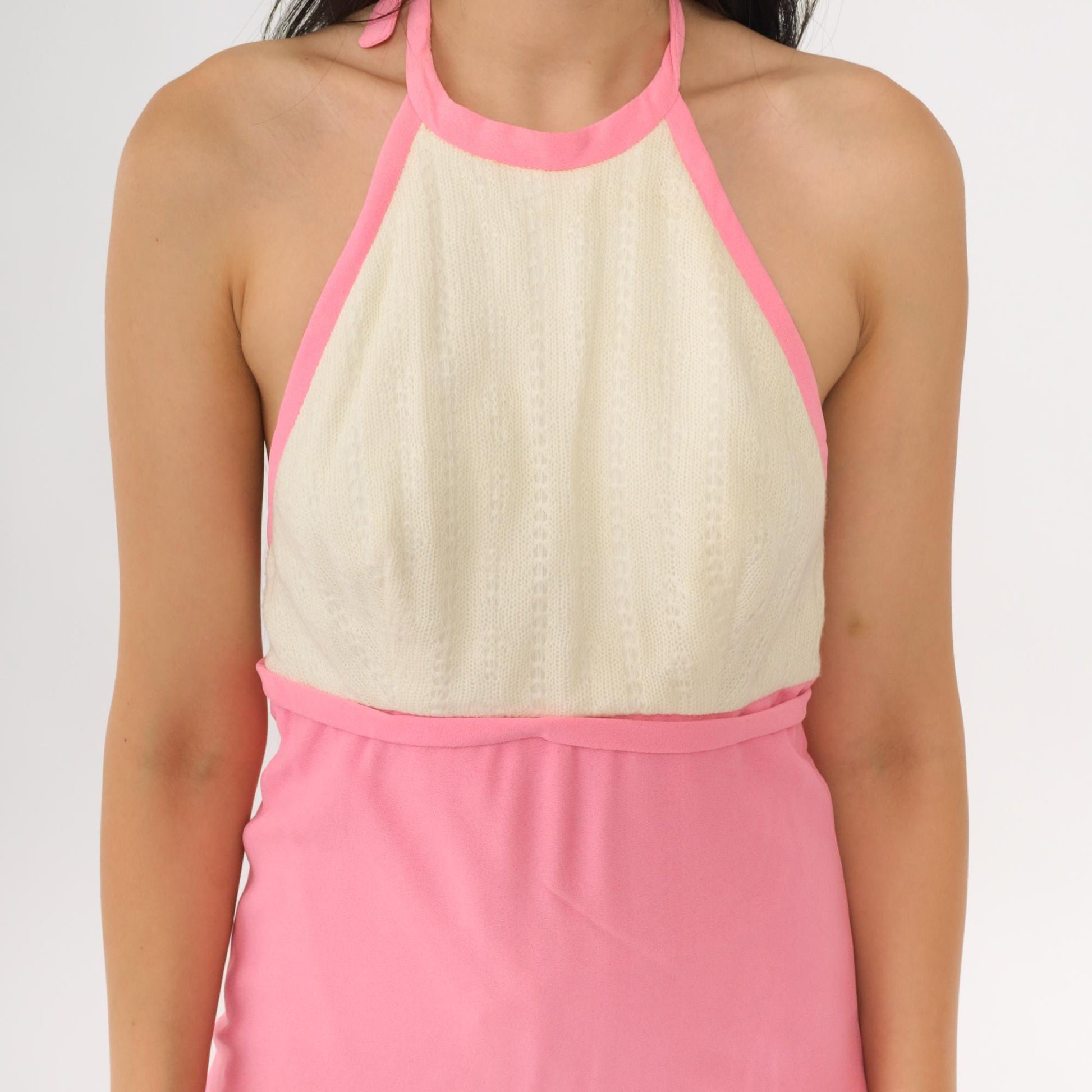 70s Lanz Original Pink Halter Maxi Dress Pointelle Knit Open Back Extra Small