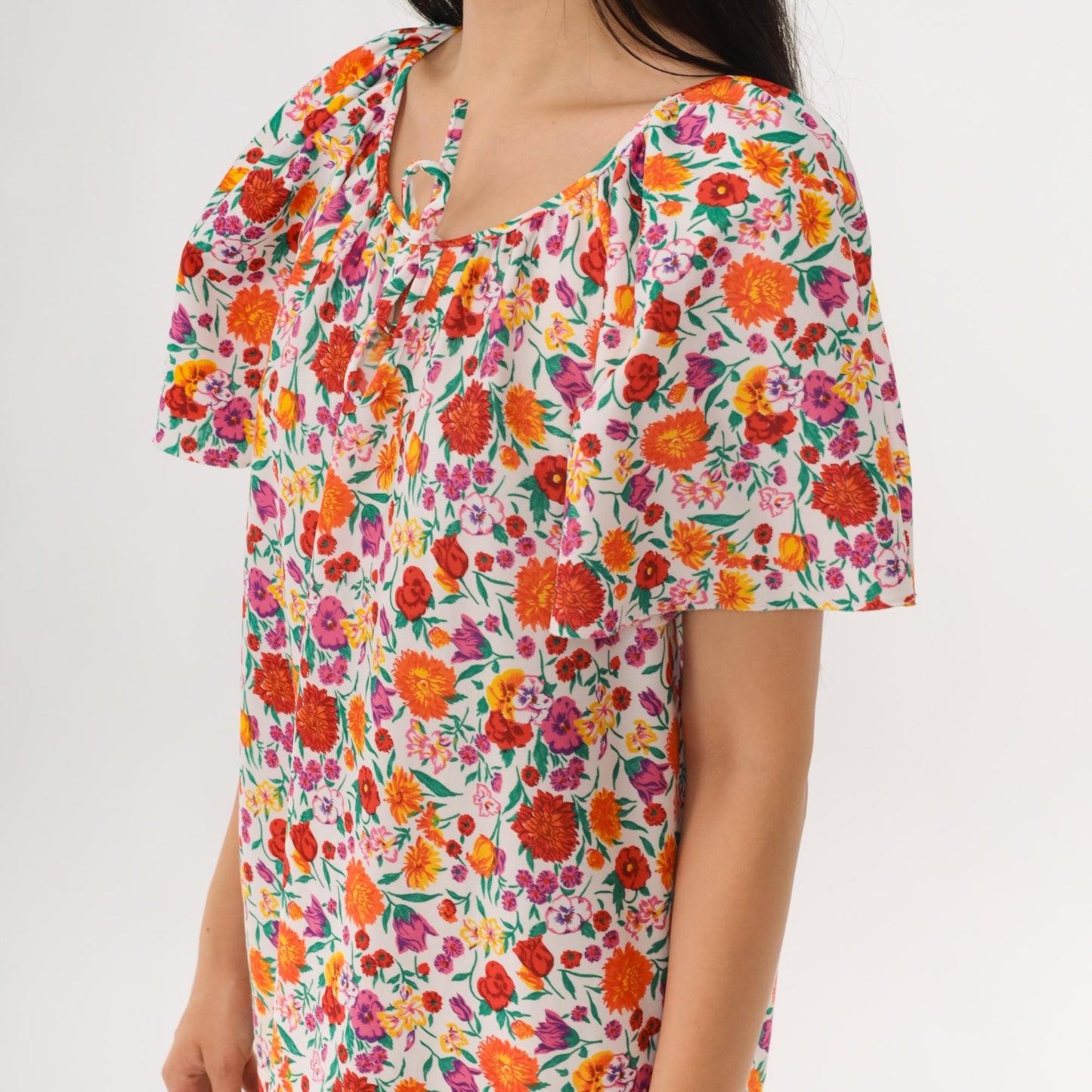 70s Floral Caftan Maxi Dress White Multicolor Print Flutter Sleeve Medium M