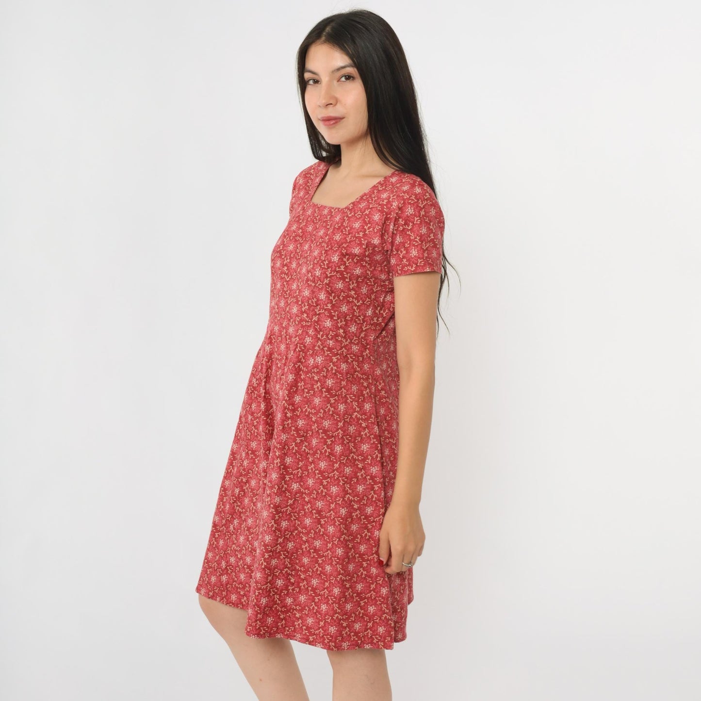 90s Red Floral Mini Dress High Waist Square Neck Short Sleeve Medium