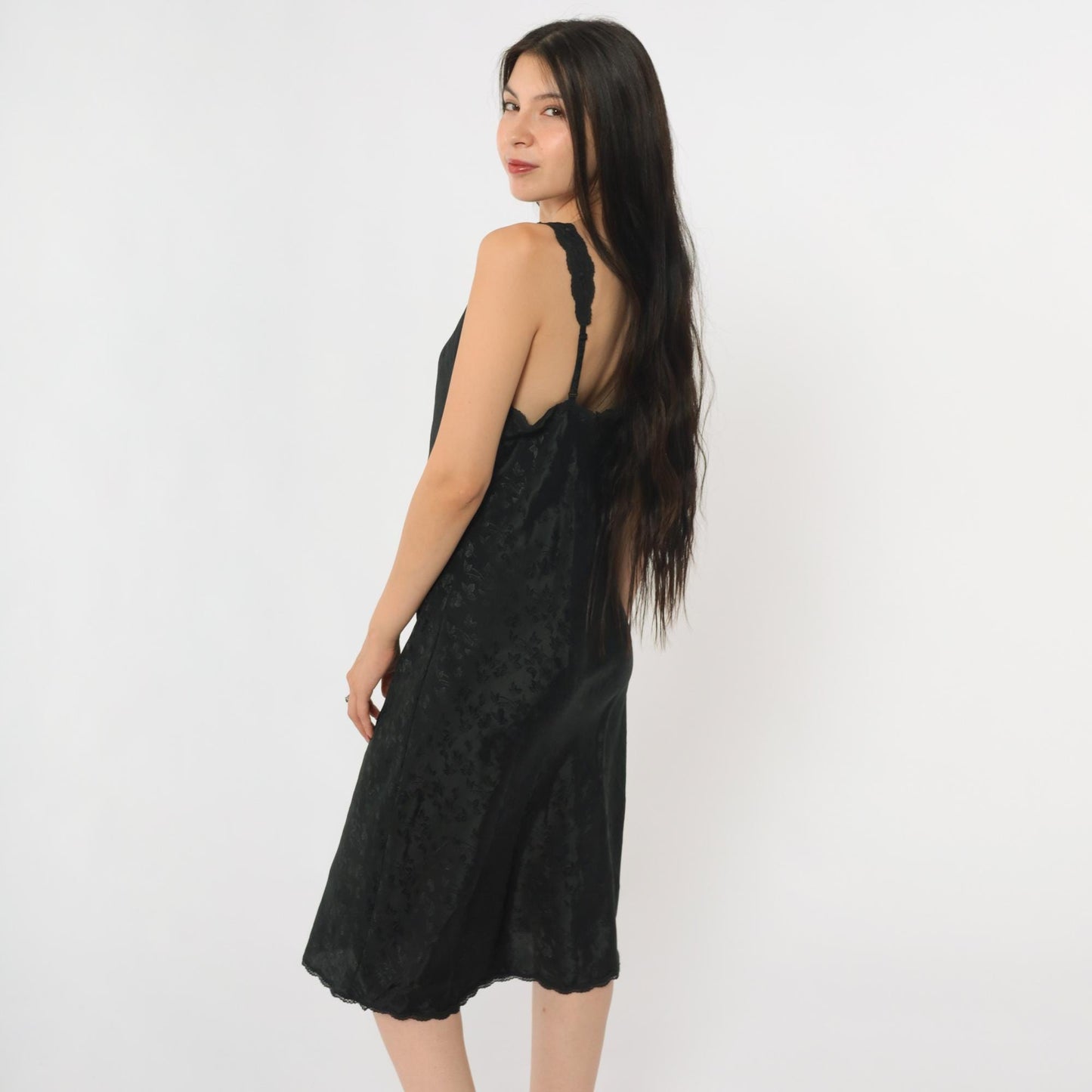 90s Barbizon Black Floral Jacquard Slip Dress Lace Trim Deep V Small