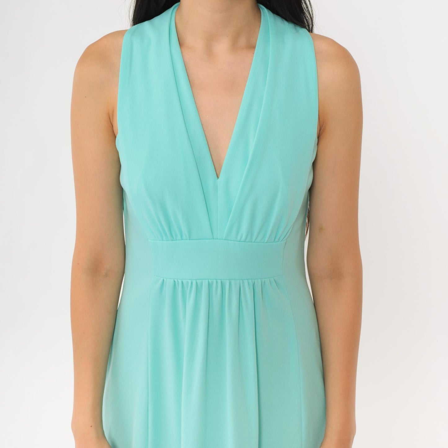 70s Aqua Maxi Dress Deep V Neck Sleeveless High Waist Small S