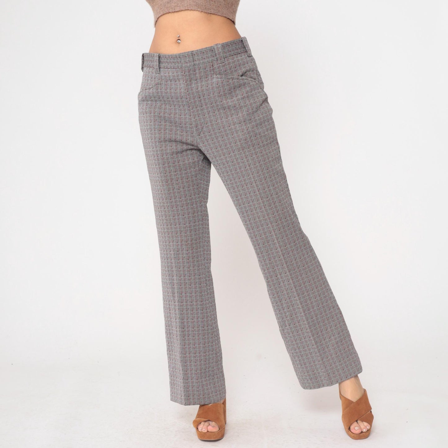 70s Grey Plaid Straight Leg Trousers High Waisted Checkered Cotton Blend Medium M
