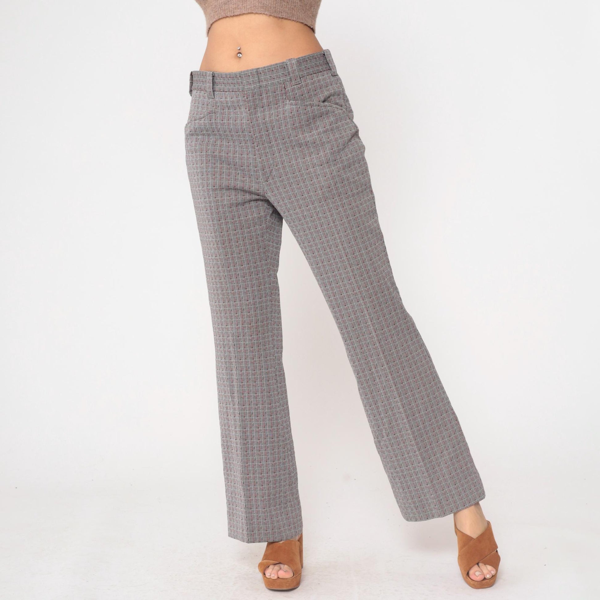 70s Grey Plaid Straight Leg Trousers High Waisted Checkered Cotton Blend Medium M