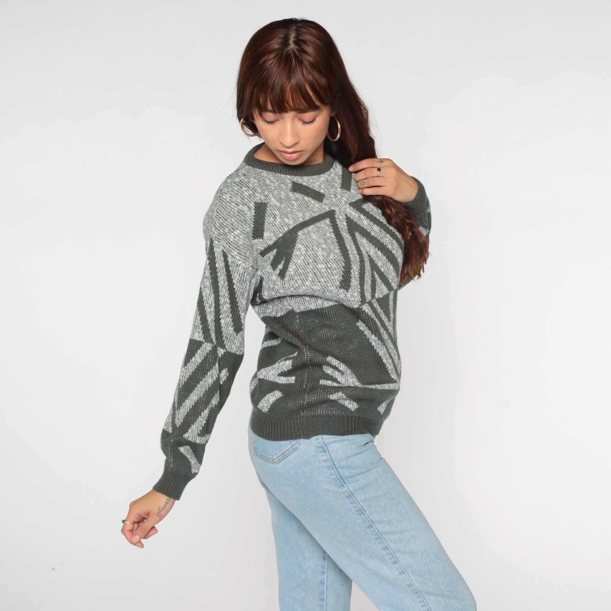80s Grey Geometric Chevron Pullover Sweater Crewneck Knit Small S