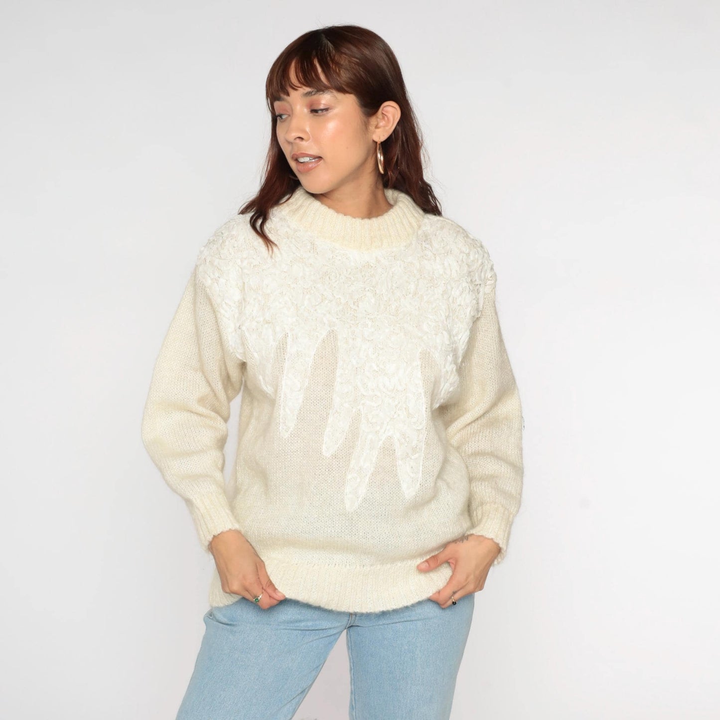 80s Cream Lace Soutache Sweater Fuzzy Knit Pullover Medium M