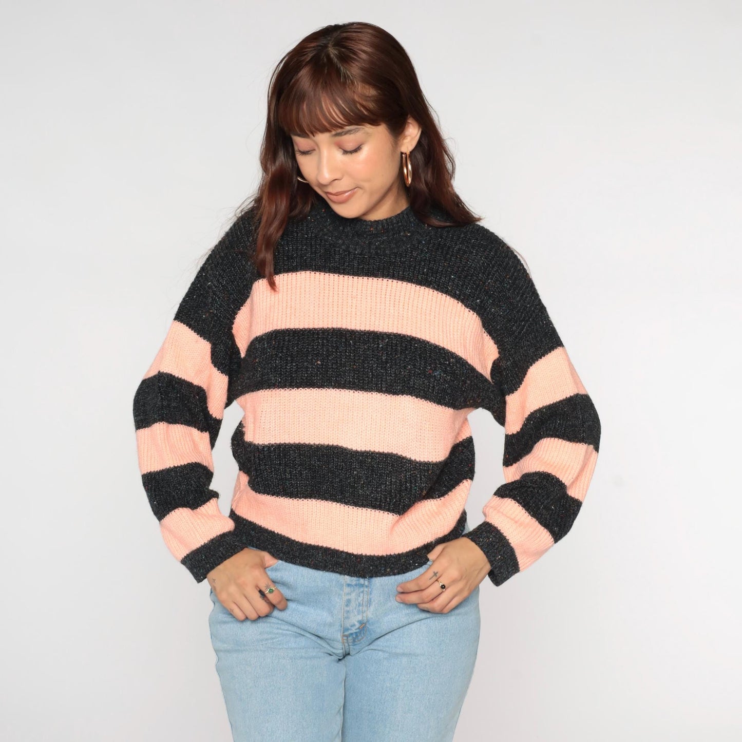 80s Peach Grey Striped Crewneck Knit Sweater Medium M