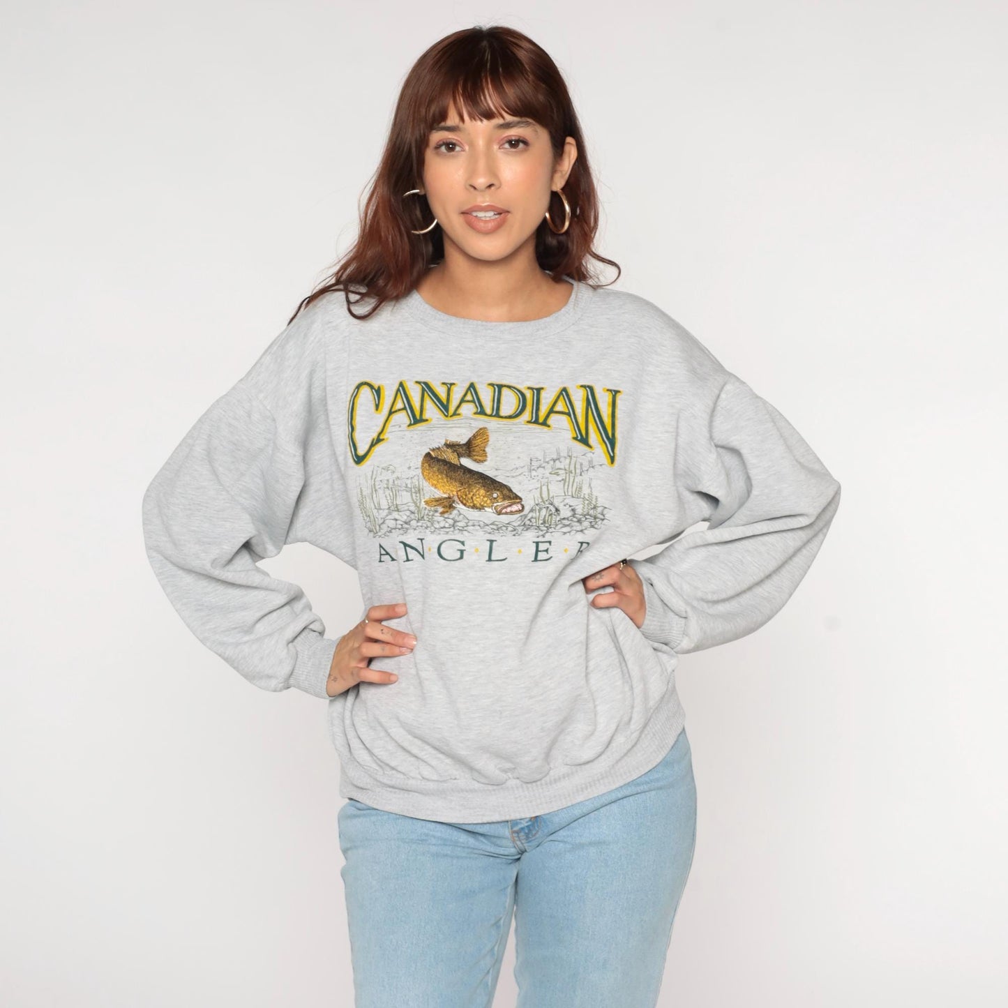 90s Canadian Angler Embroidered Fish Sweatshirt Grey Crewneck Extra Large XL