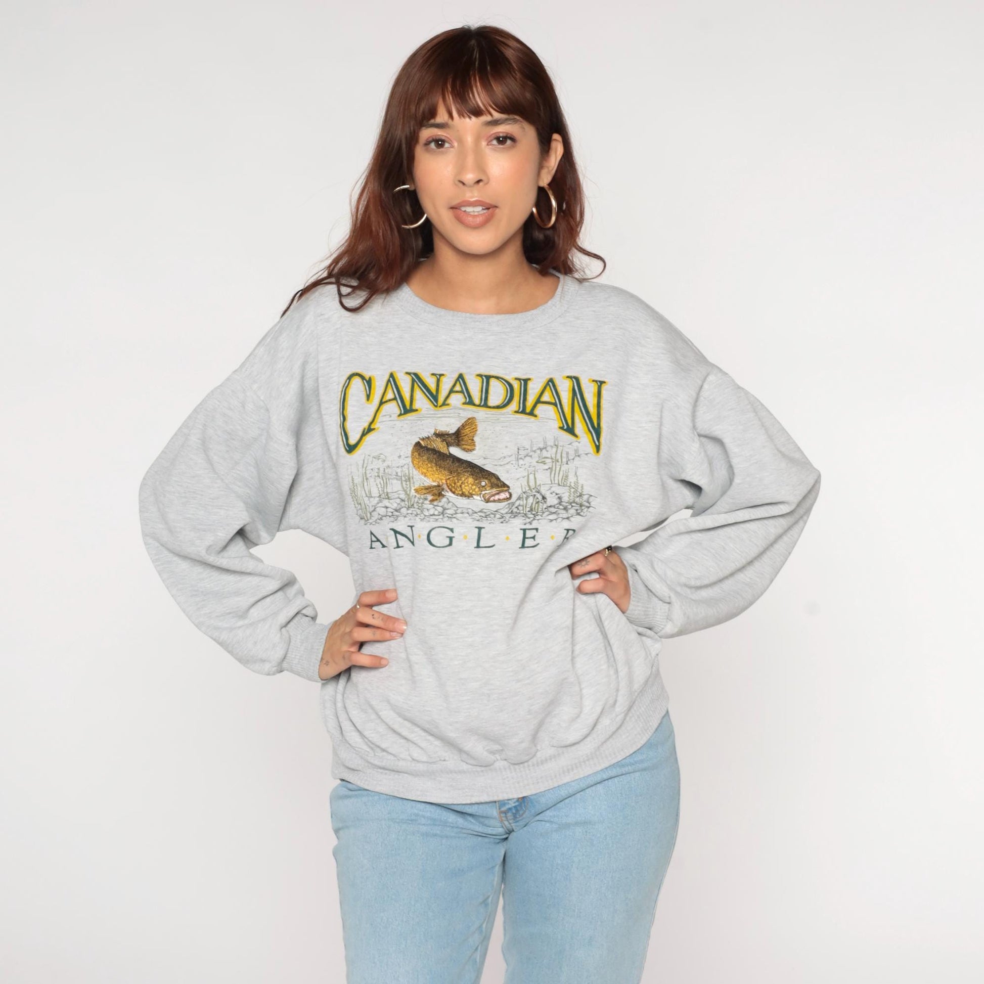 90s Canadian Angler Embroidered Fish Sweatshirt Grey Crewneck Extra Large XL