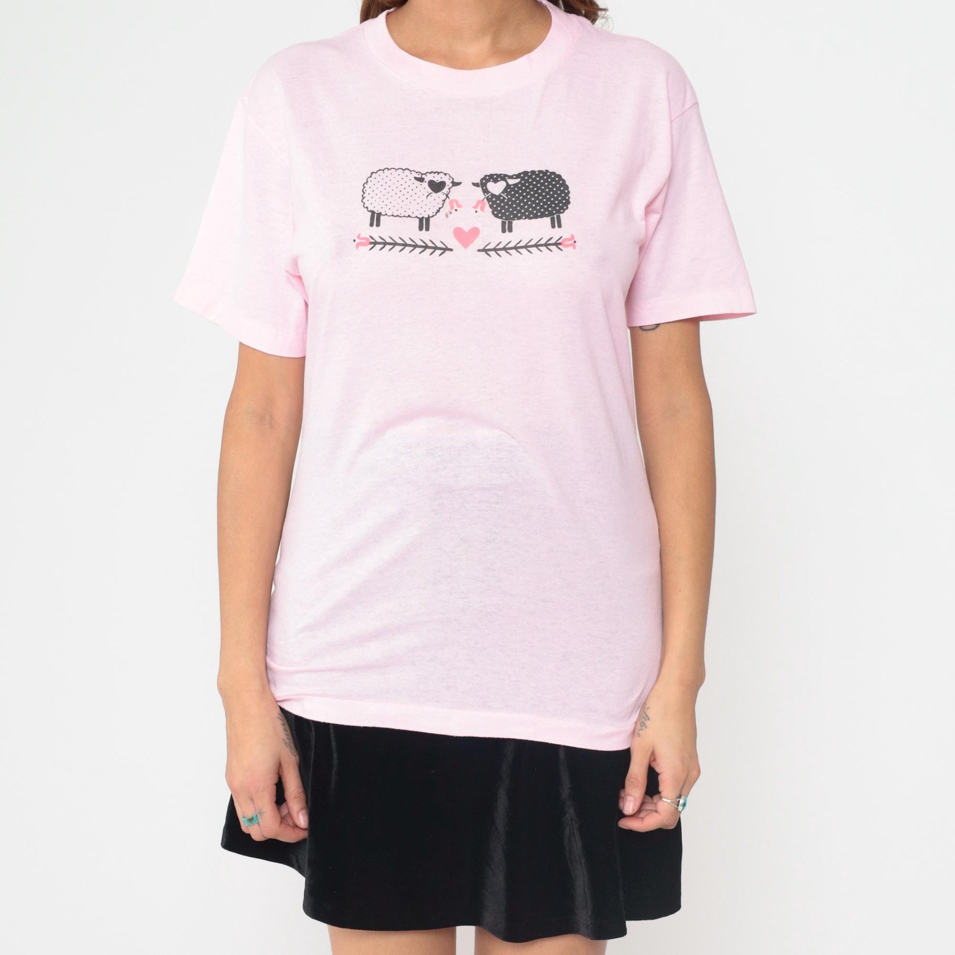 80s CHED Pink Sheep Graphic T-Shirt Cotton Blend Heart Print Large L