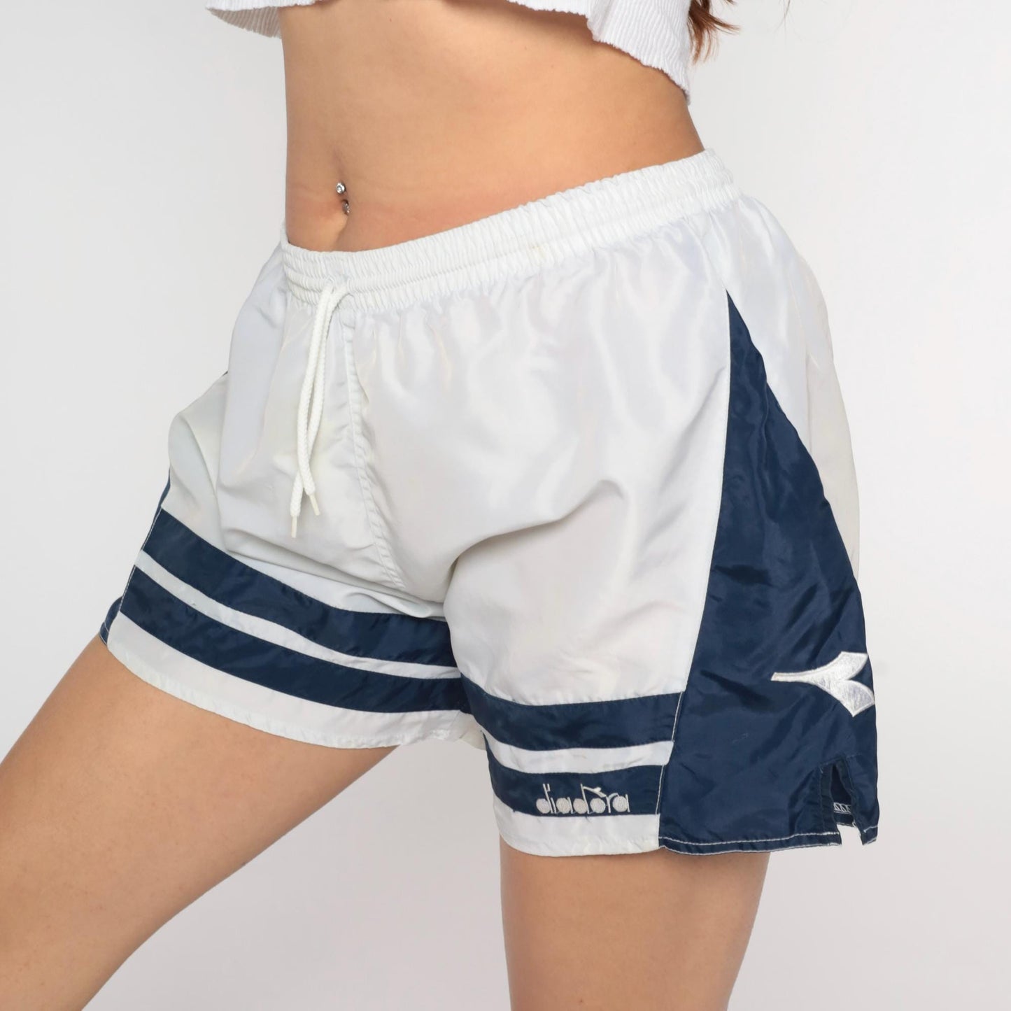 90s Diadora Soccer Shorts White Navy Nylon Athletic Track Large L