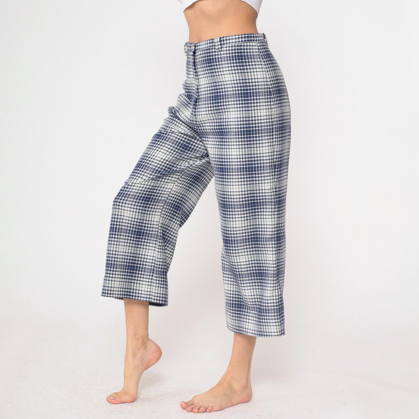 70s Jantzen Gingham Pants Blue White Checkered High Waisted Wide Leg Cropped Medium