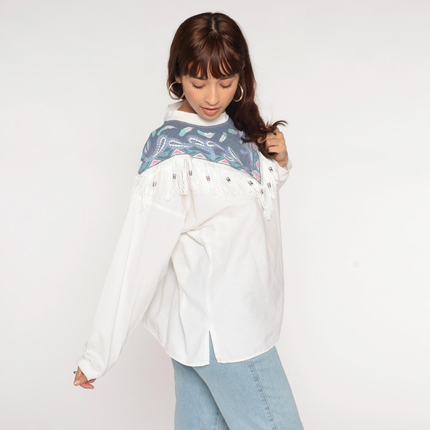 90s Southwest Fringe Long Sleeve T-Shirt White Beaded Yoke Paisley Large