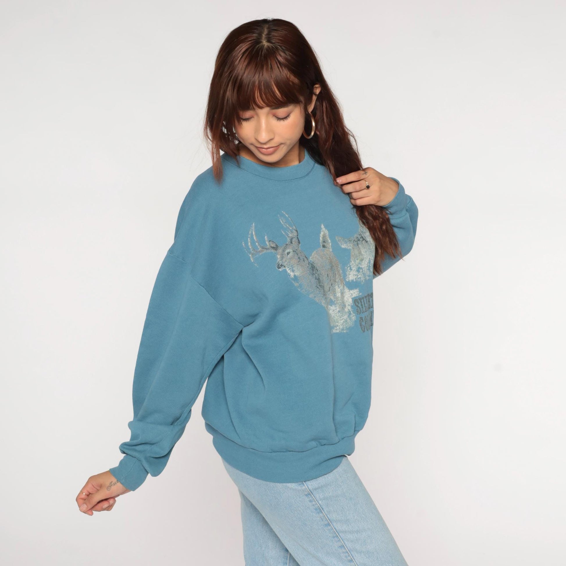 90s Silverton Colorado Wolf Deer Graphic Sweatshirt Blue Crewneck Extra Large