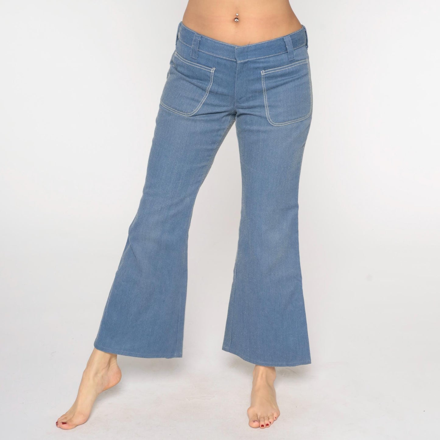 70s Blue Twill Bell Bottom Pants Mid Rise Flared Trousers Men's Medium