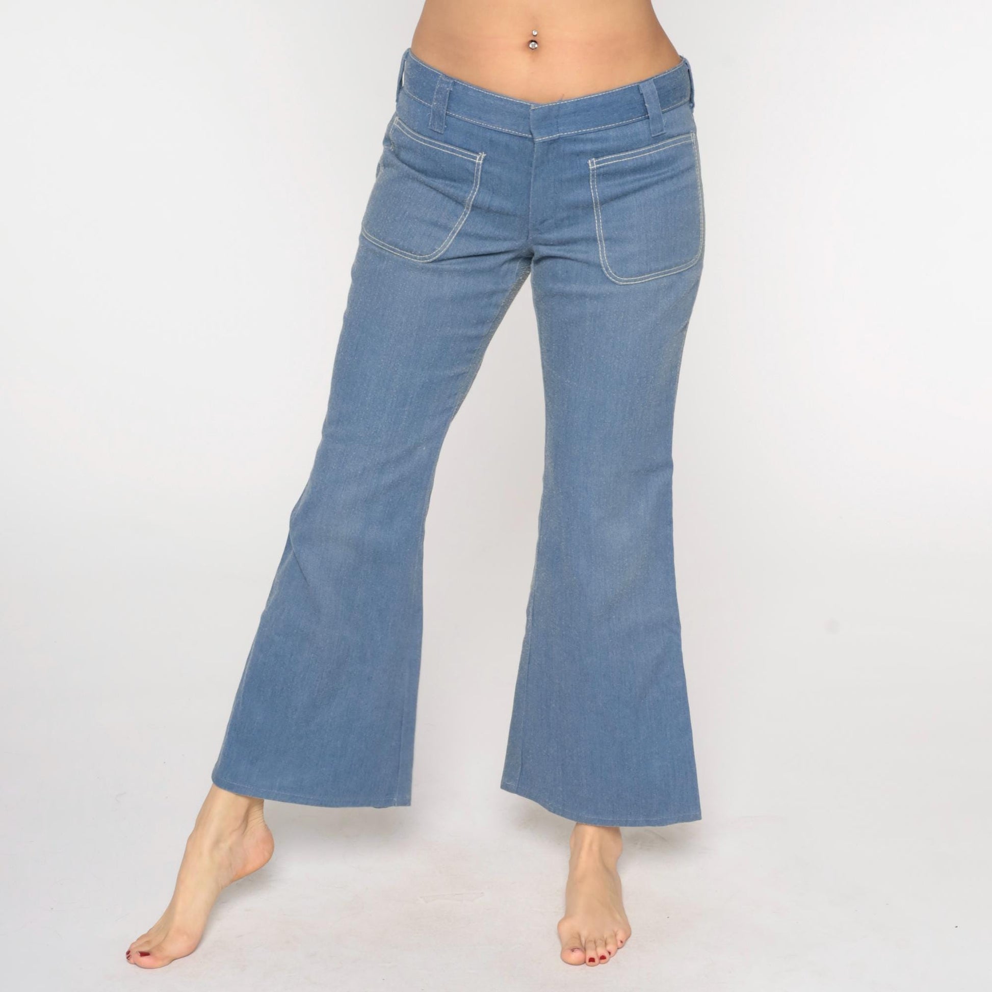 70s Blue Twill Bell Bottom Pants Mid Rise Flared Trousers Men's Medium