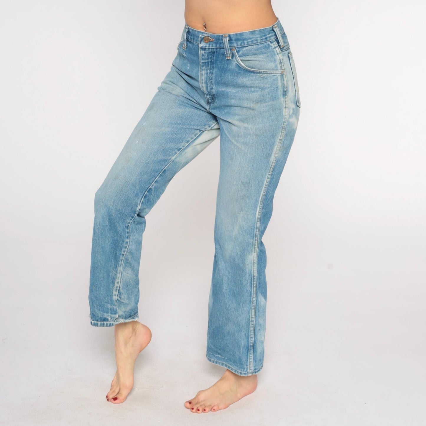 80s Wrangler Flared Jeans High Waist Bleached Distressed Blue 30