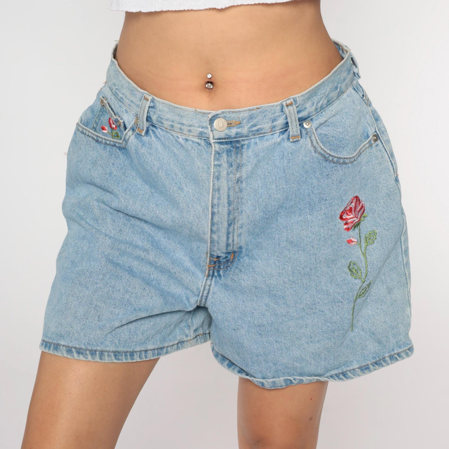 90s Floral Embroidered Blue Denim Shorts High Waisted Jean Shorts Medium