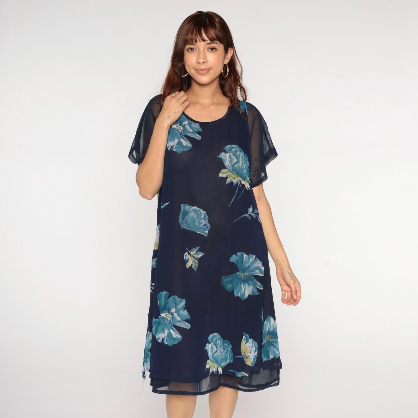 90s Navy Floral Chiffon Dress Short Sleeve Knee Length Large L
