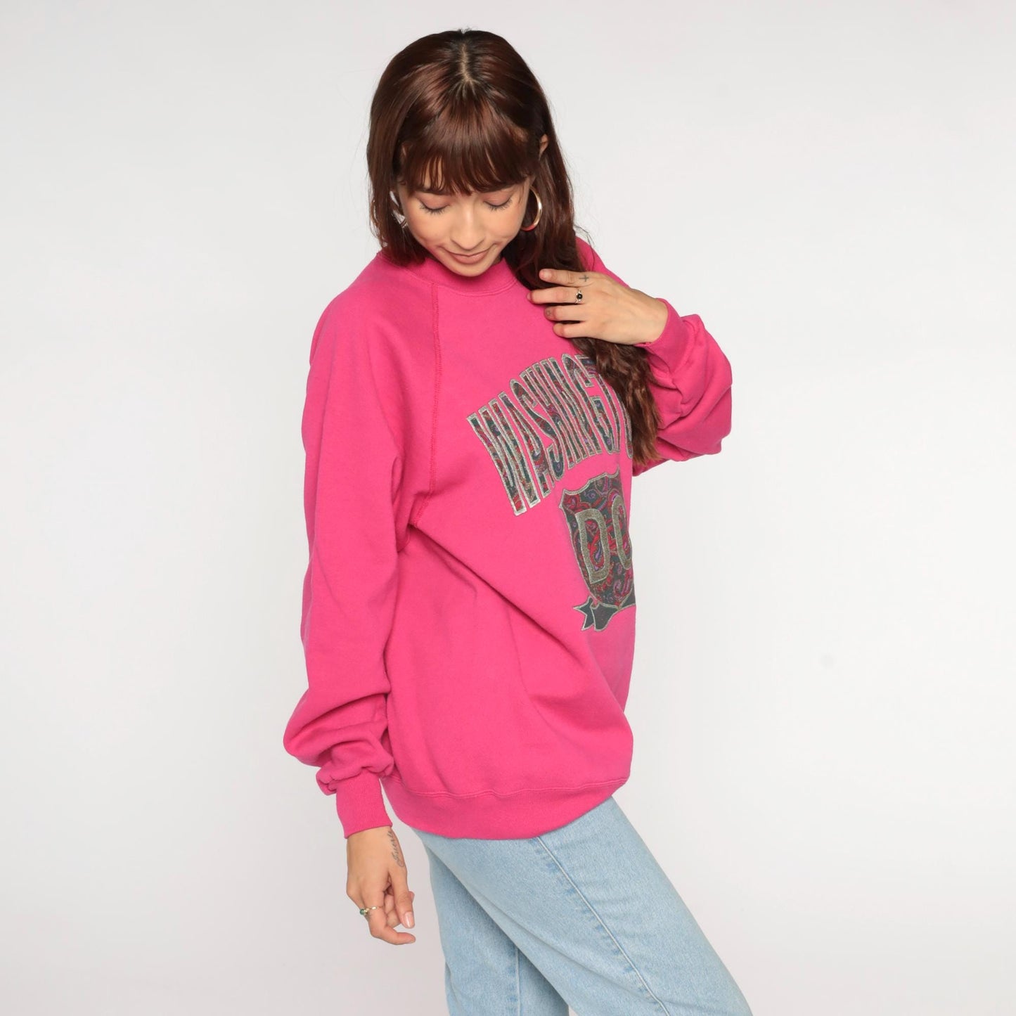 90s Washington DC Hot Pink Glittery Raglan Sweatshirt Crewneck Large