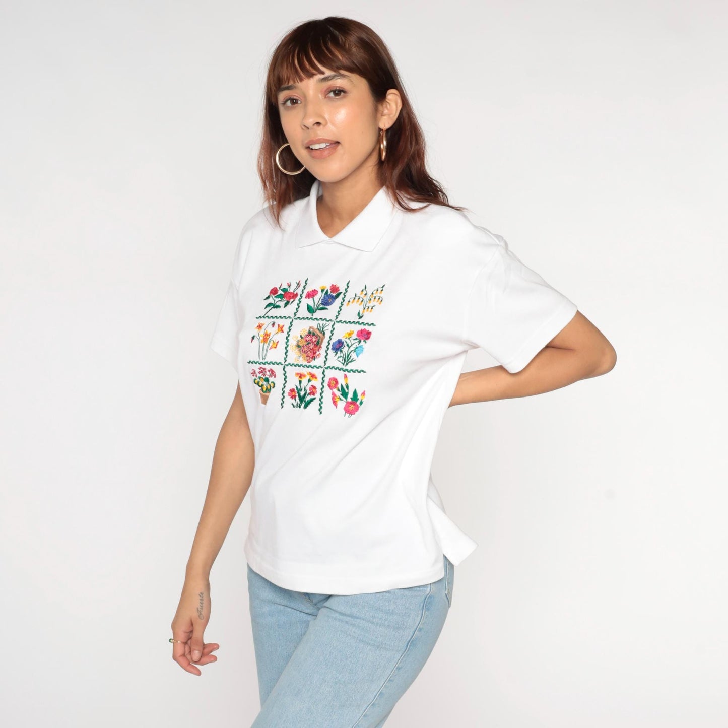 90s Jennifer Moore Petites Floral Embroidered Collared T-Shirt White Medium