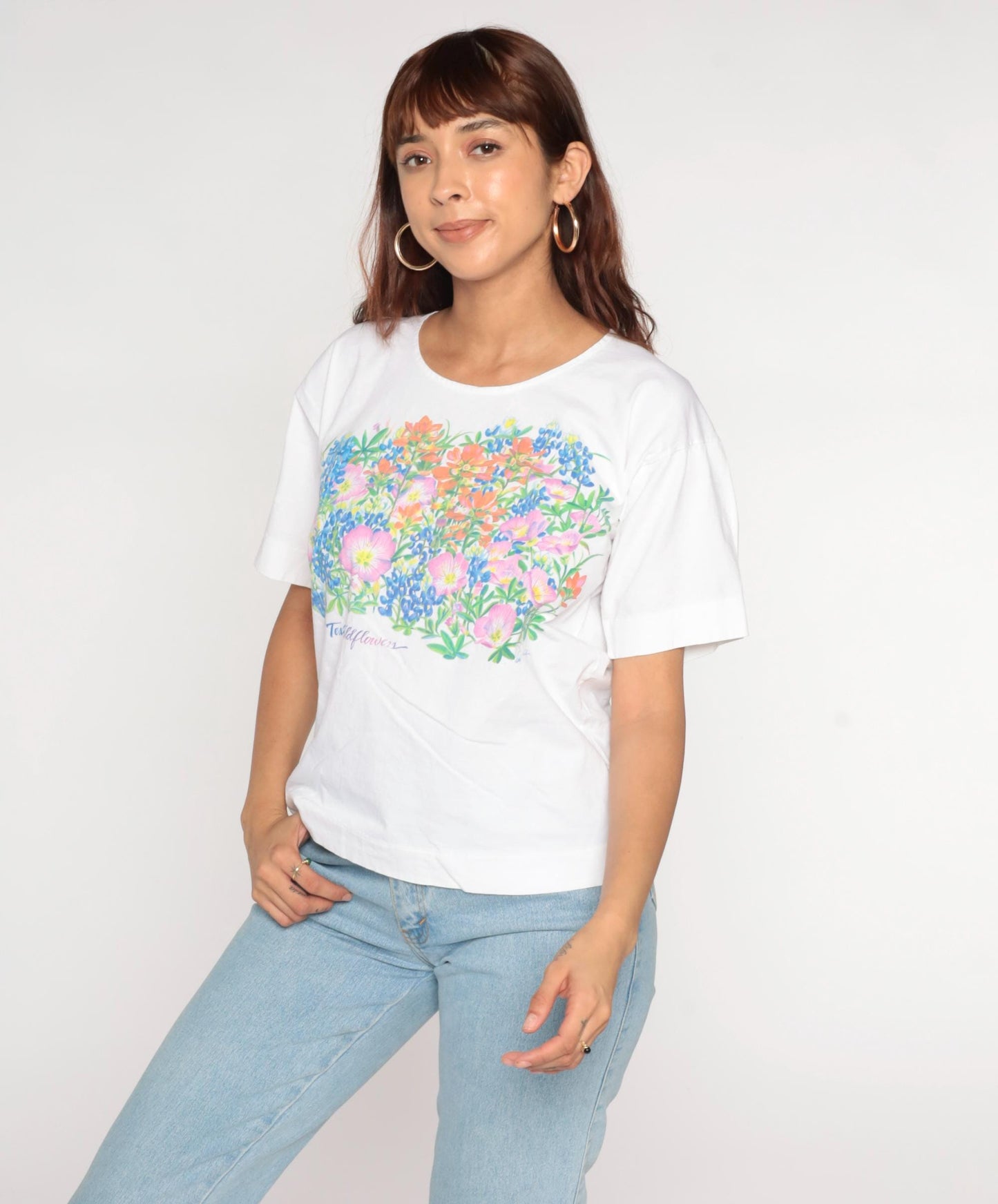80s Swan Brand Texas Wildflowers White Graphic T-Shirt Cotton Tee Medium