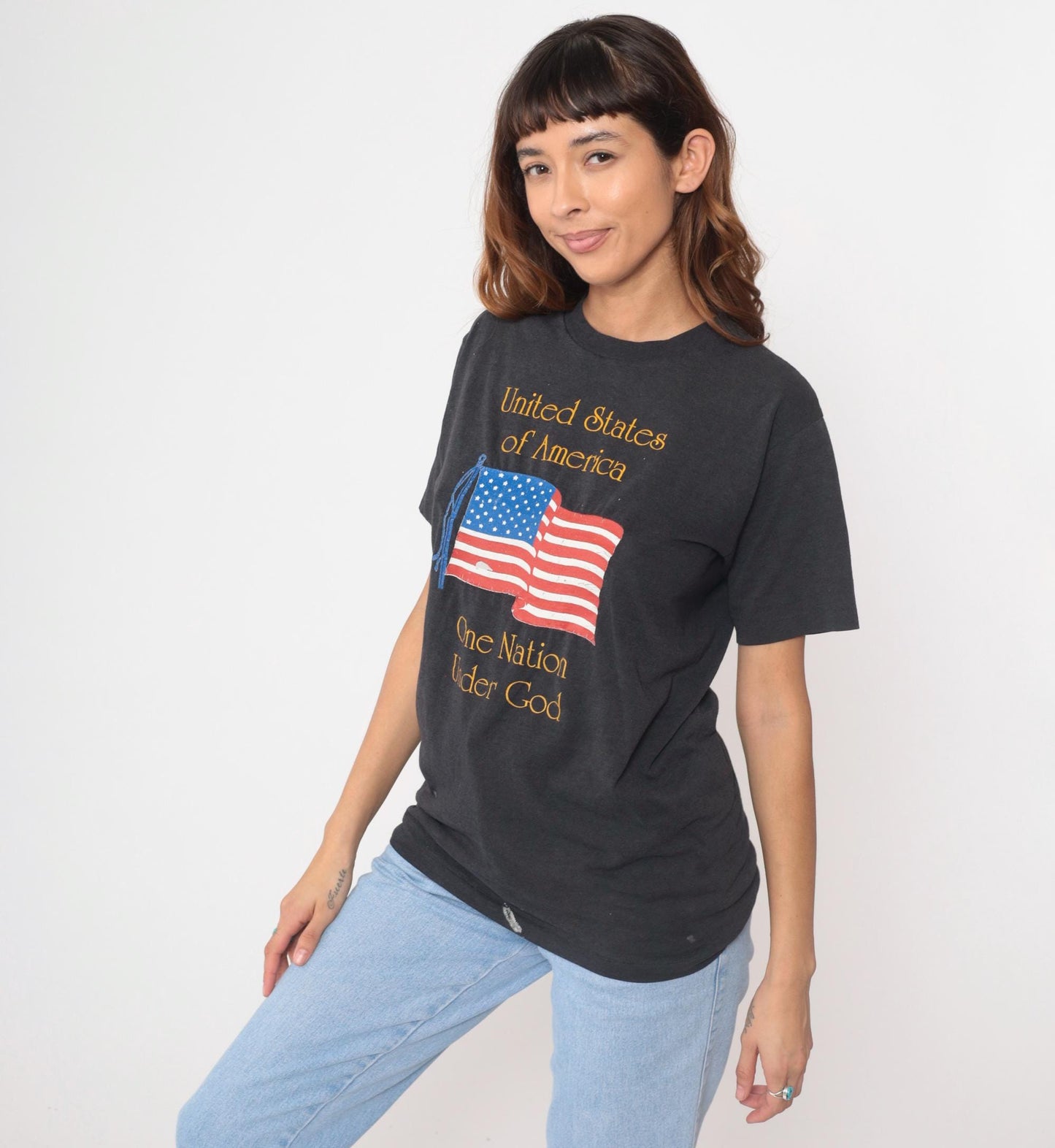 90s Hanes American Flag Graphic Tee Black Cotton Single Stitch Medium