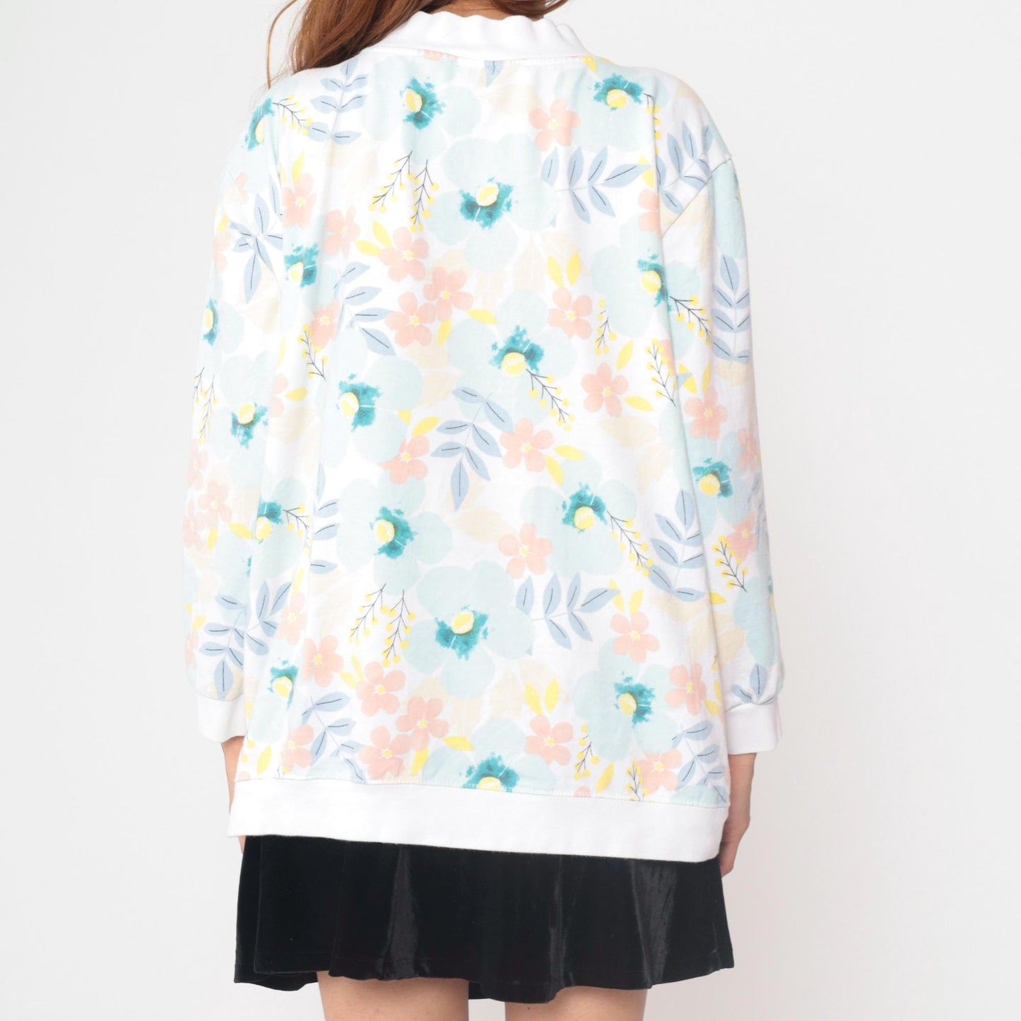 90s Floral Cardigan White Pink Blue Yellow Botanical Button Up XL