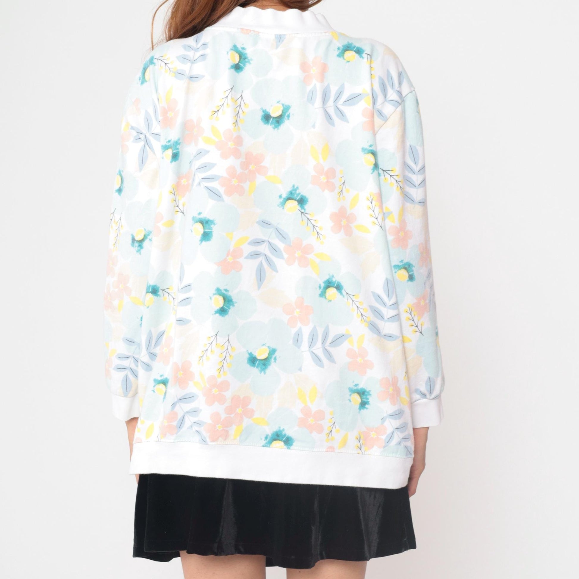 90s Floral Cardigan White Pink Blue Yellow Botanical Button Up XL