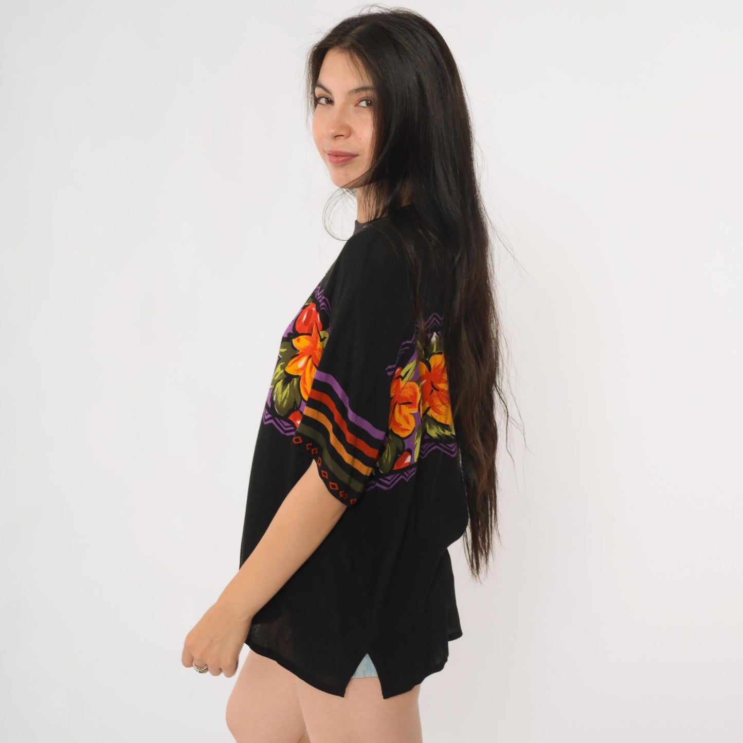90s SK & Company Hawaiian Shirt Black Rayon Floral Orange Purple Large L