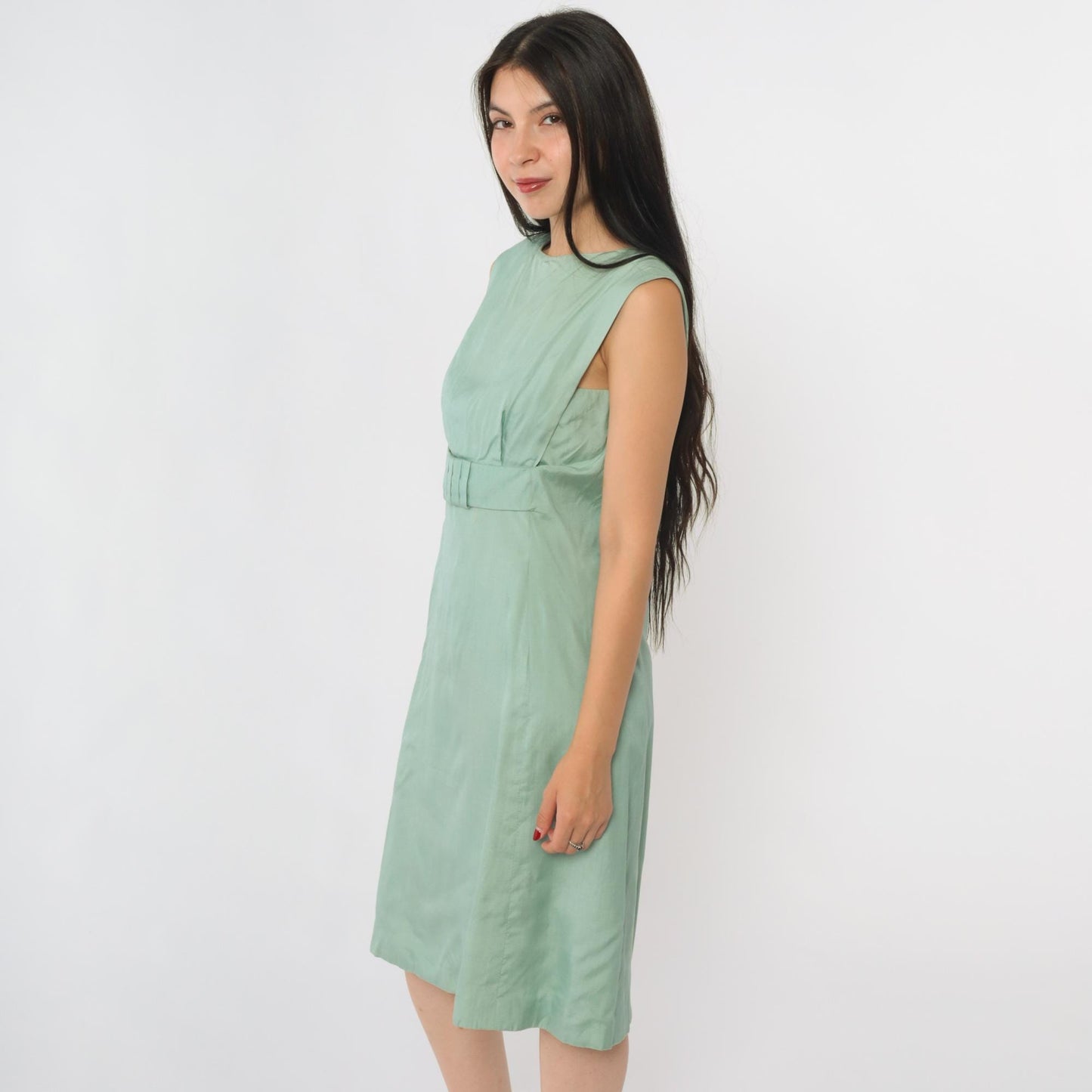 1960s Green Empire Waist Sheath Dress Sleeveless Knee Length Extra Small