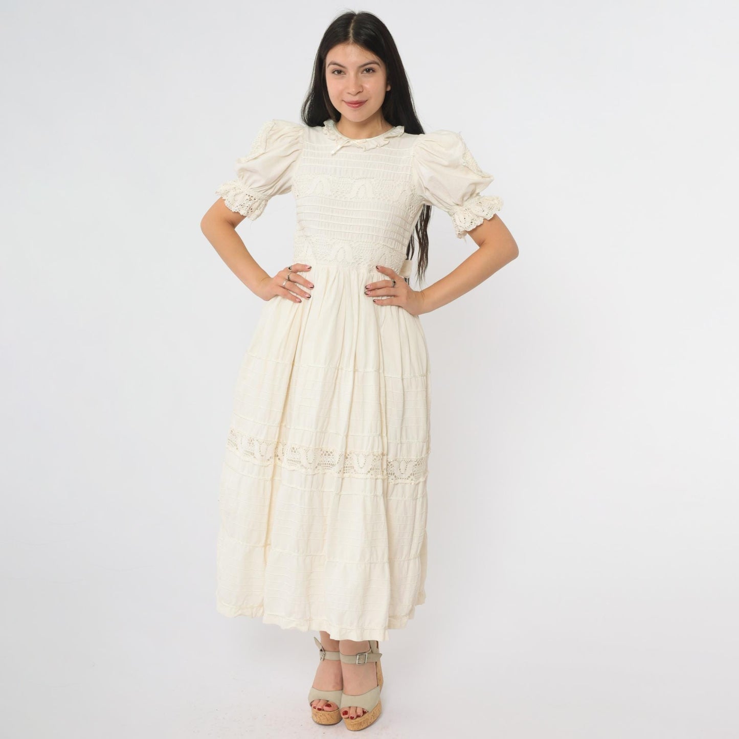 1980s Cream Lace Midi Dress Puff Sleeve Crochet Trim Ruffle Collar Extra Small XS