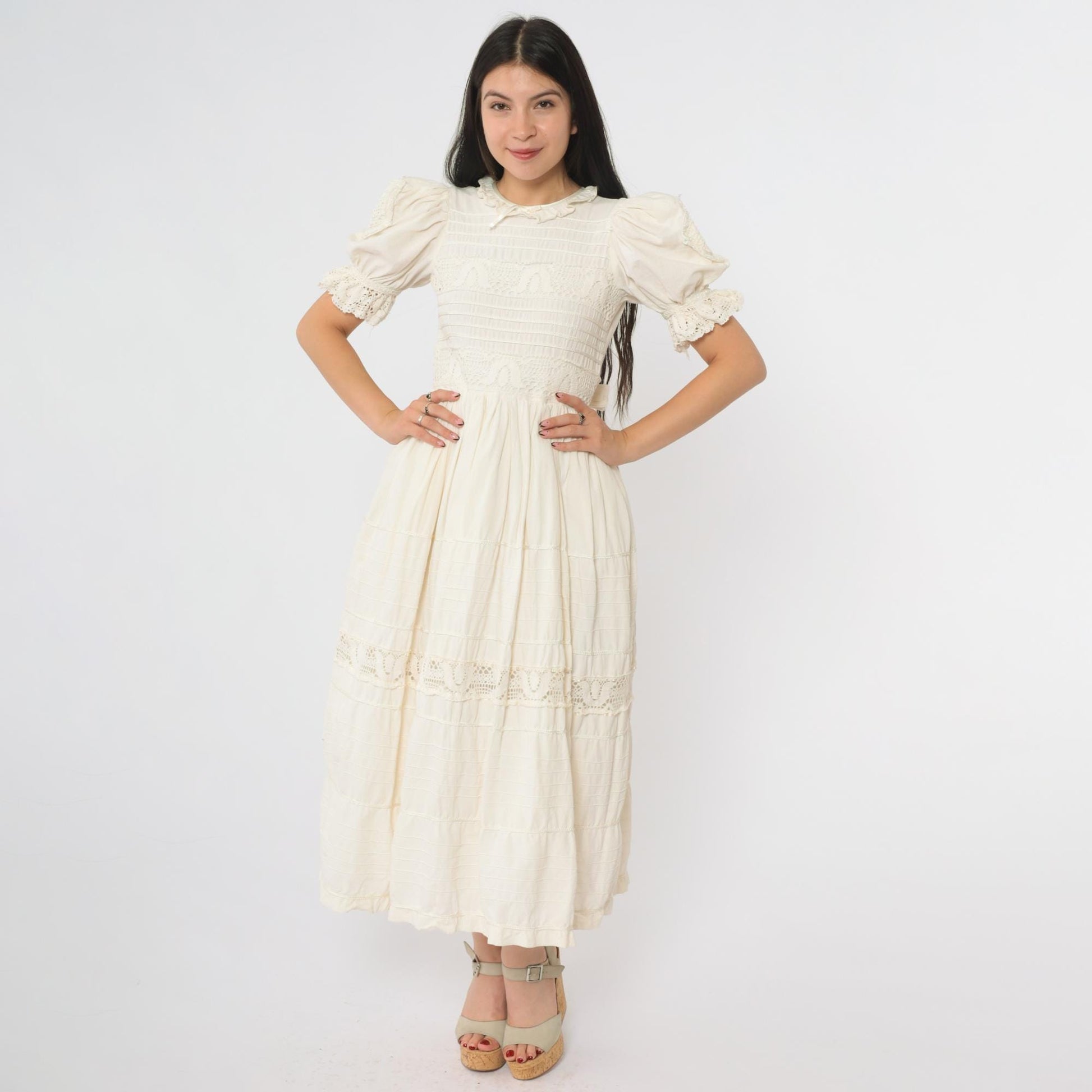 1980s Cream Lace Midi Dress Puff Sleeve Crochet Trim Ruffle Collar Extra Small XS