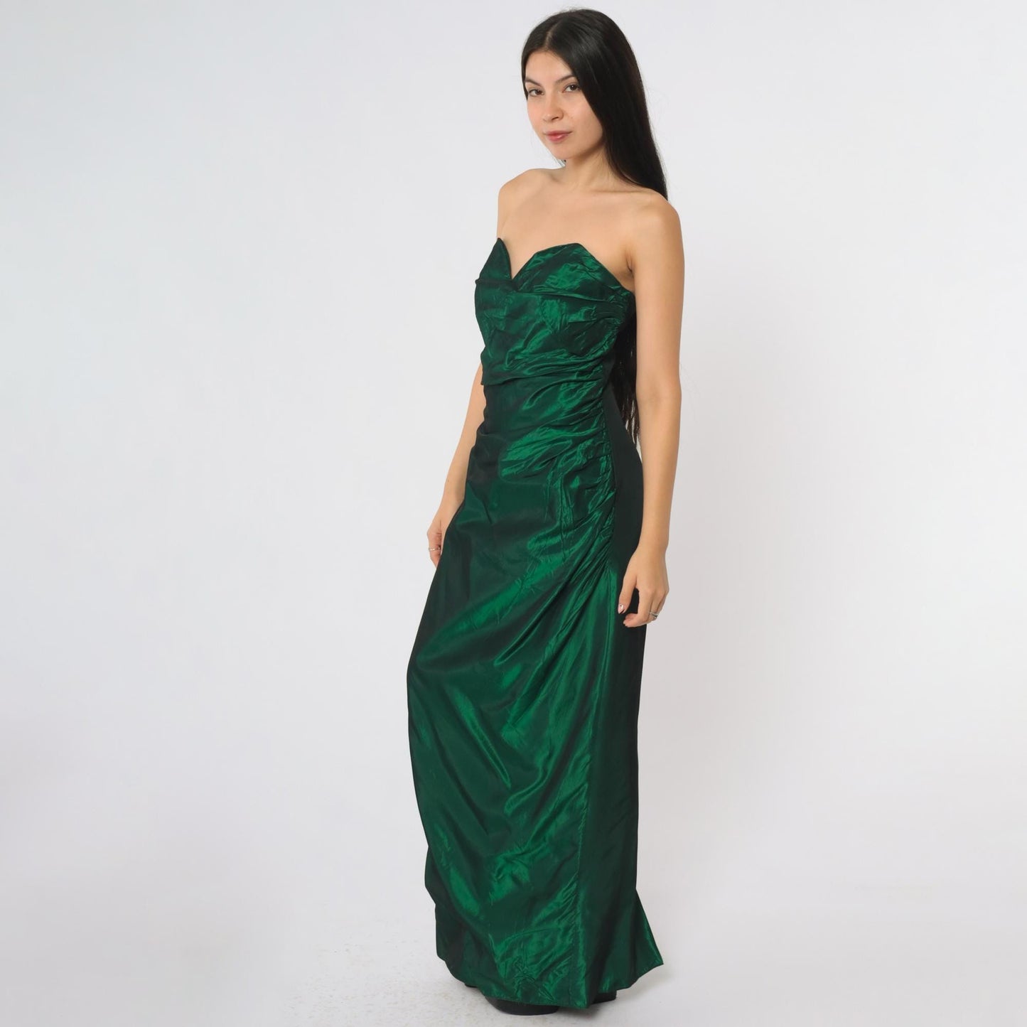 80s Alfred Angelo Green Strapless Formal Gown Sweetheart Ruched Bodice Medium M
